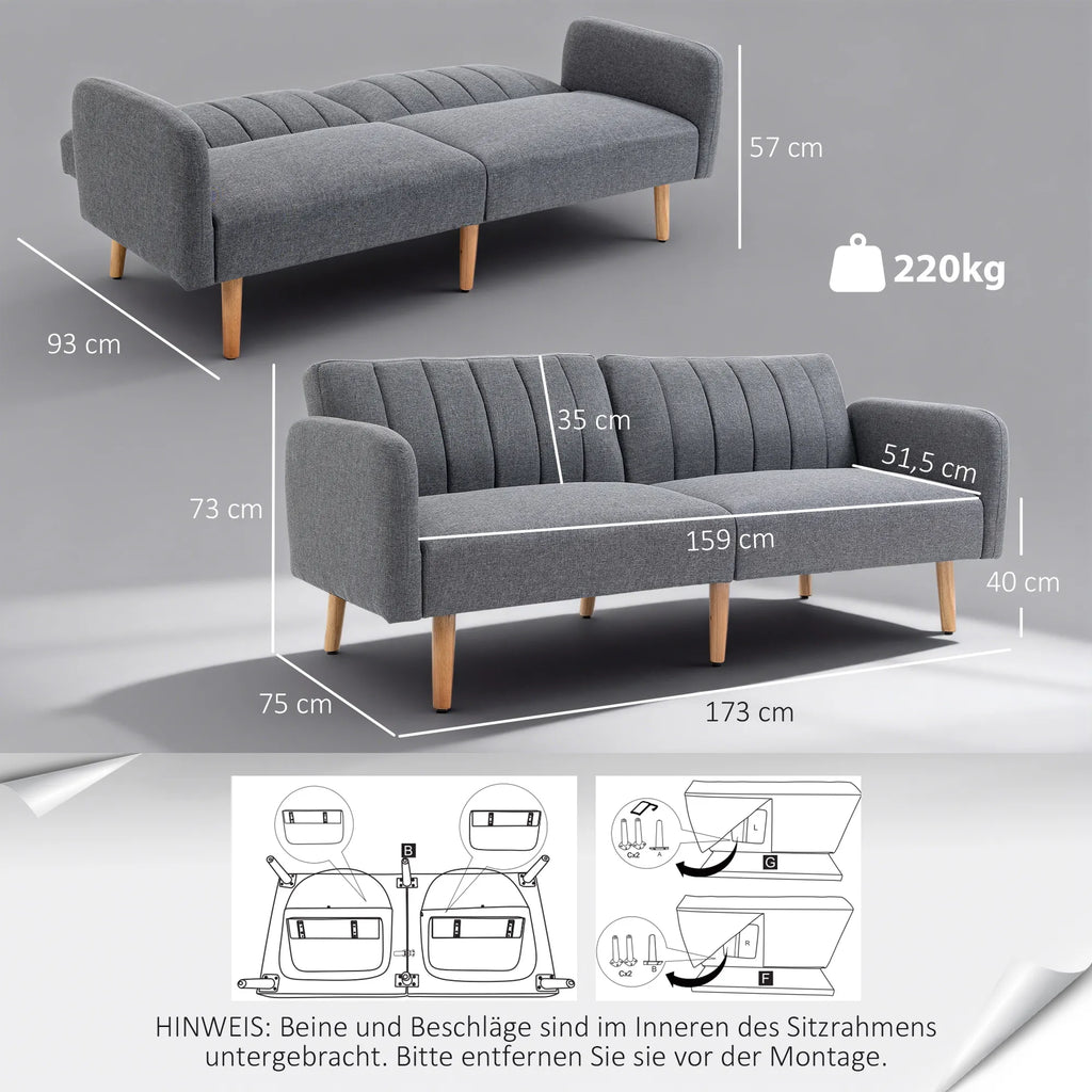 Sofa-lova su reguliuojamais atlošais, 173 cm, pilka