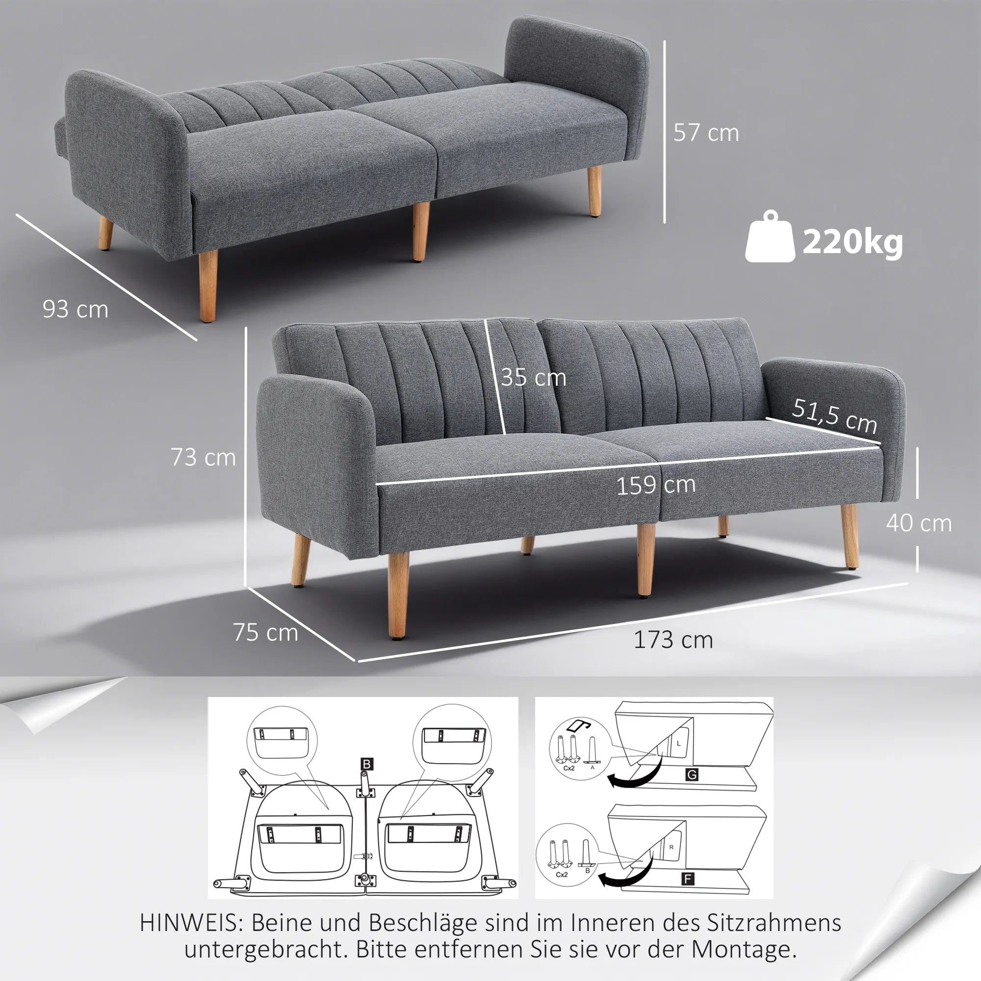Sofa-lova su reguliuojamais atlošais, 173 cm, pilka