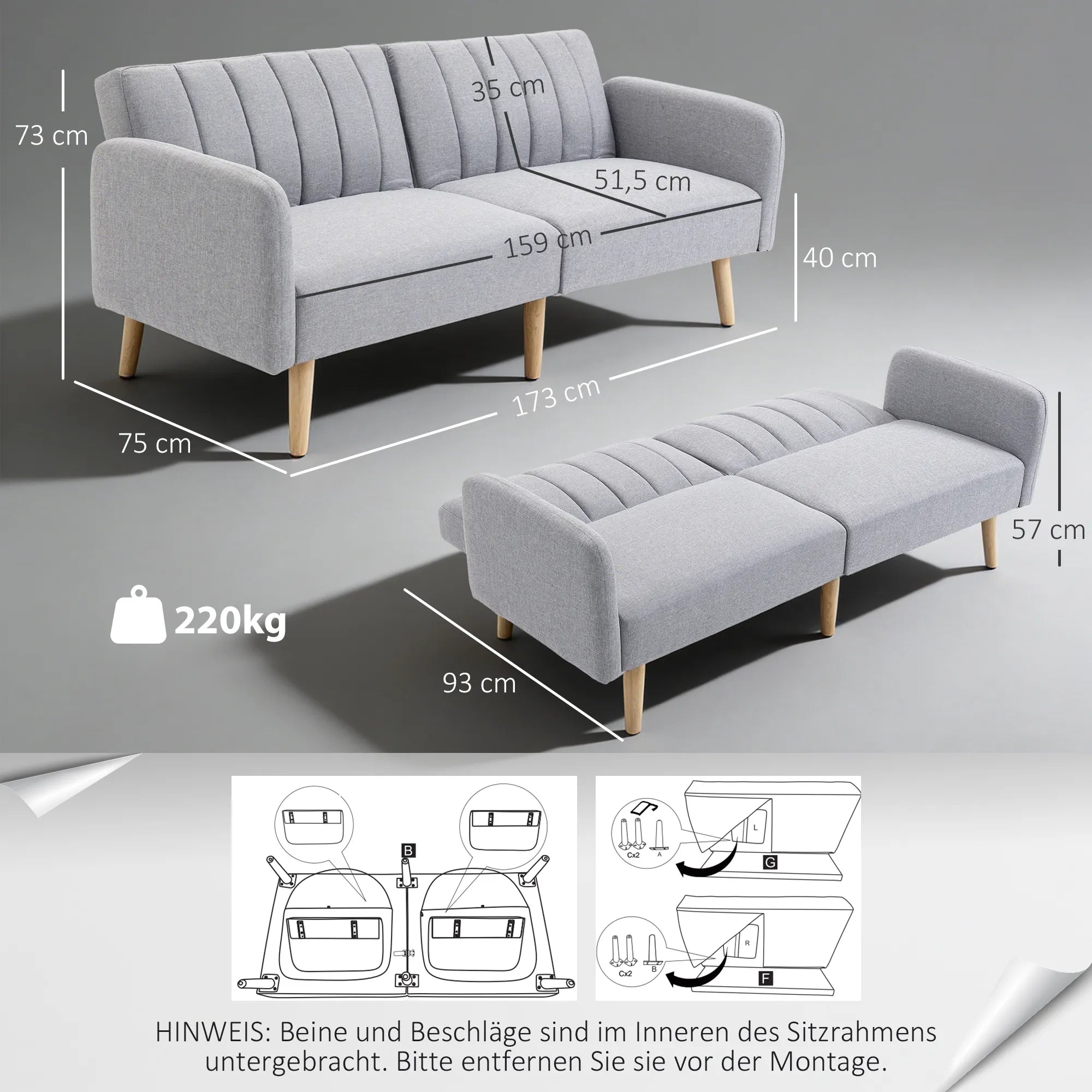 Sofa-lova su reguliuojamais atlošais, 173 cm, šviesiai pilka