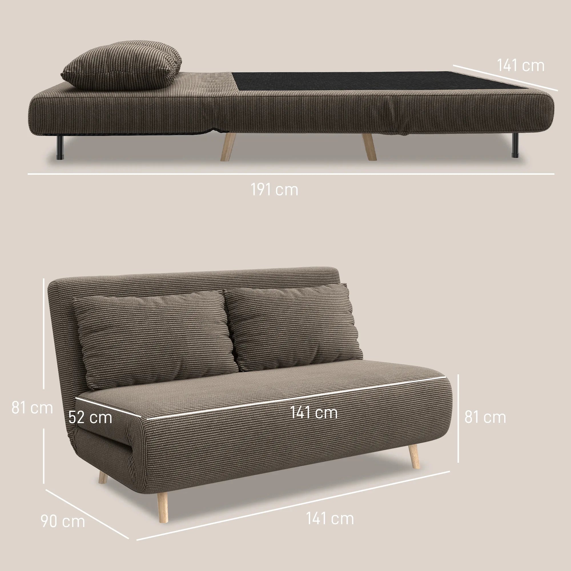 Sofa-lova su reguliuojamu atlošu, 141 cm, ruda