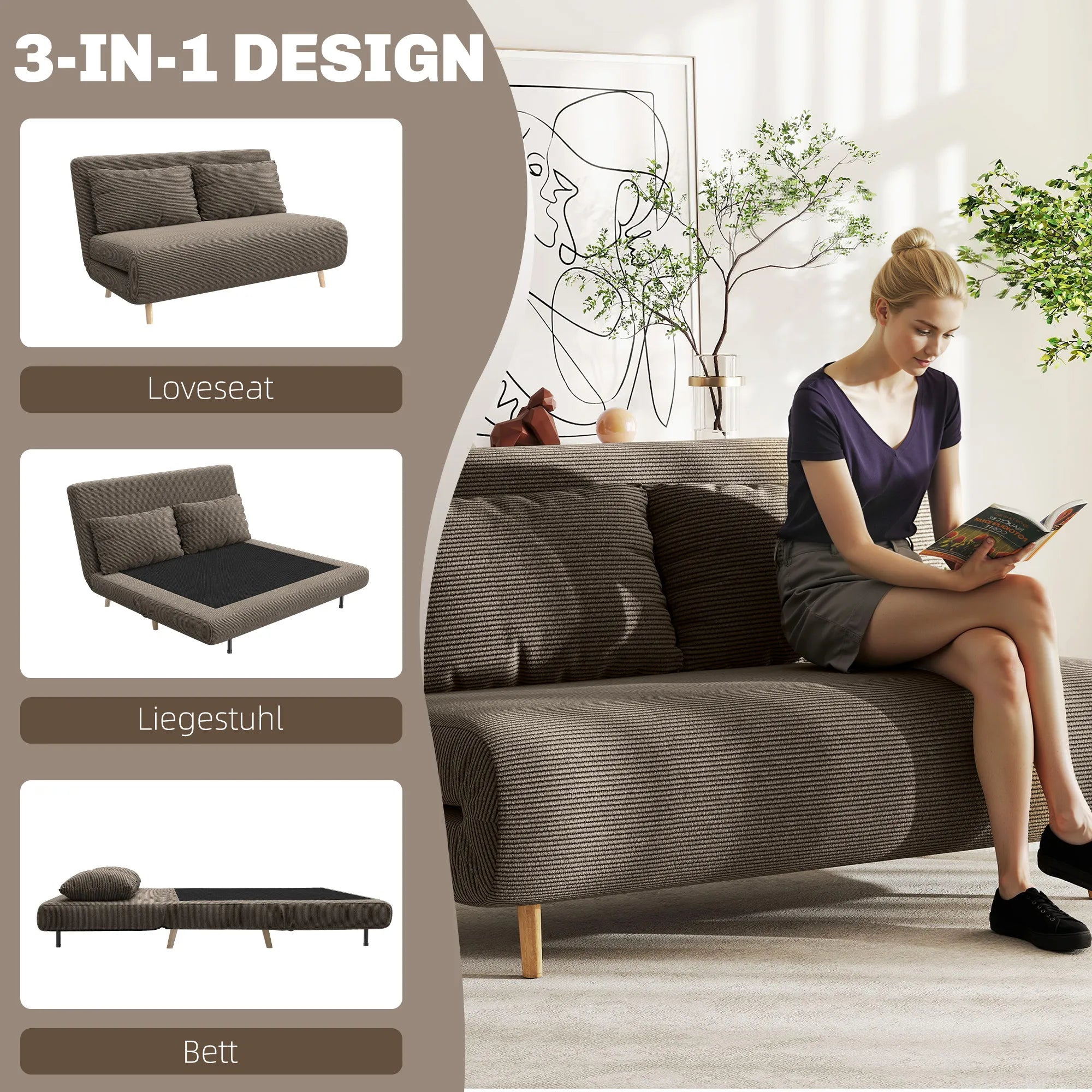 Sofa-lova su reguliuojamu atlošu, 141 cm, ruda