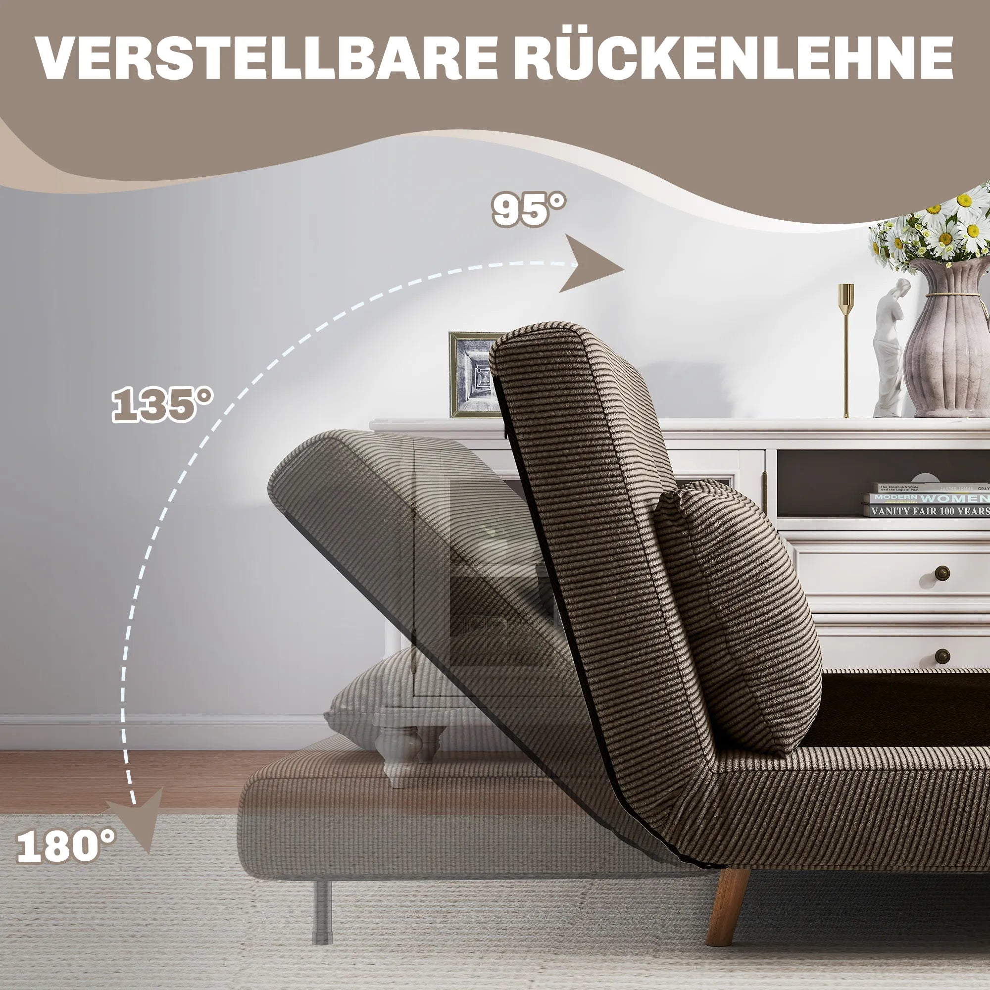 Sofa-lova su reguliuojamu atlošu, 141 cm, ruda
