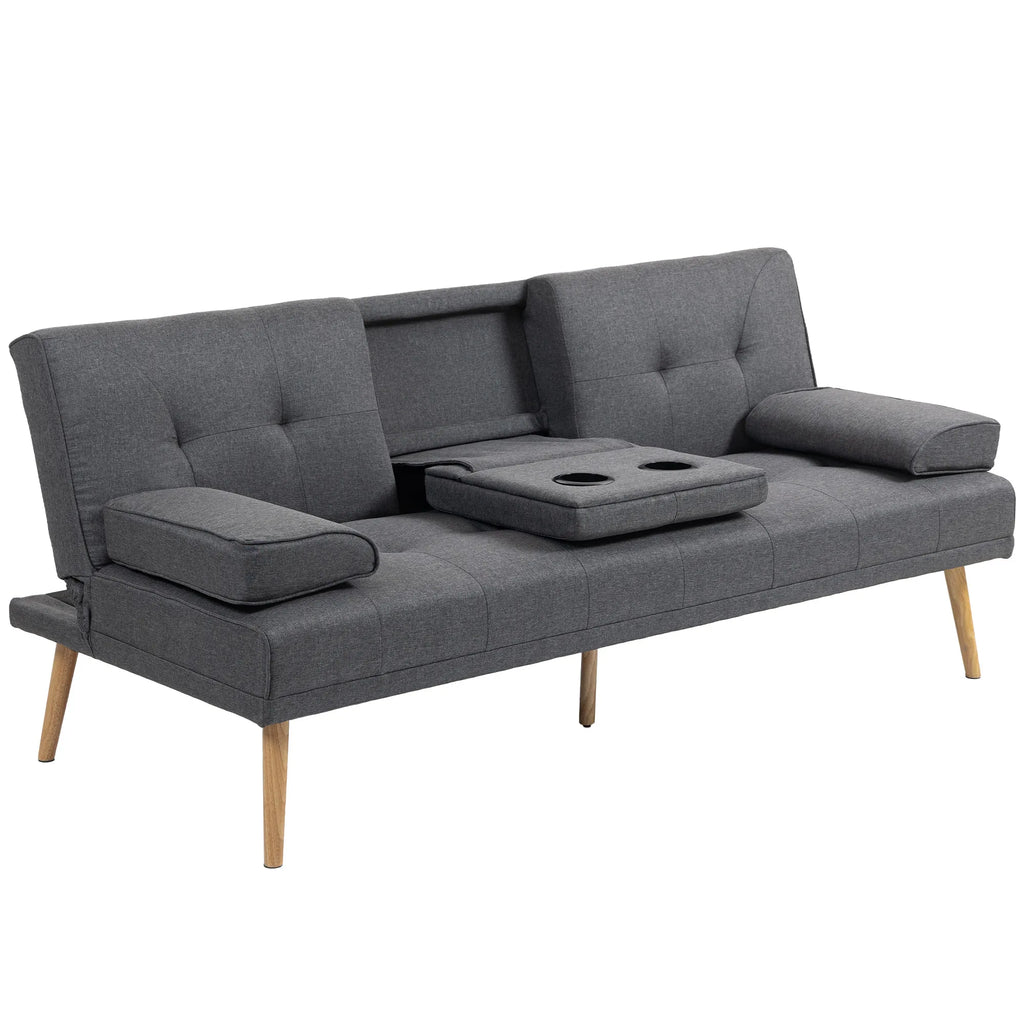 Pilka sofa-lova su nuleidžiamu porankiu ir dviem puodelių laikikliais
