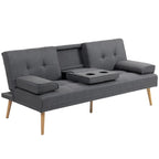 Pilka sofa-lova su nuleidžiamu porankiu ir dviem puodelių laikikliais