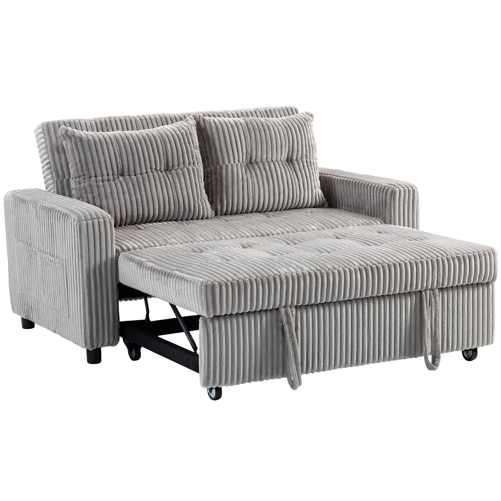 Šviesiai pilka rumbuoto audinio sofa-lova baltame fone su ištraukta miegamąja dalimi