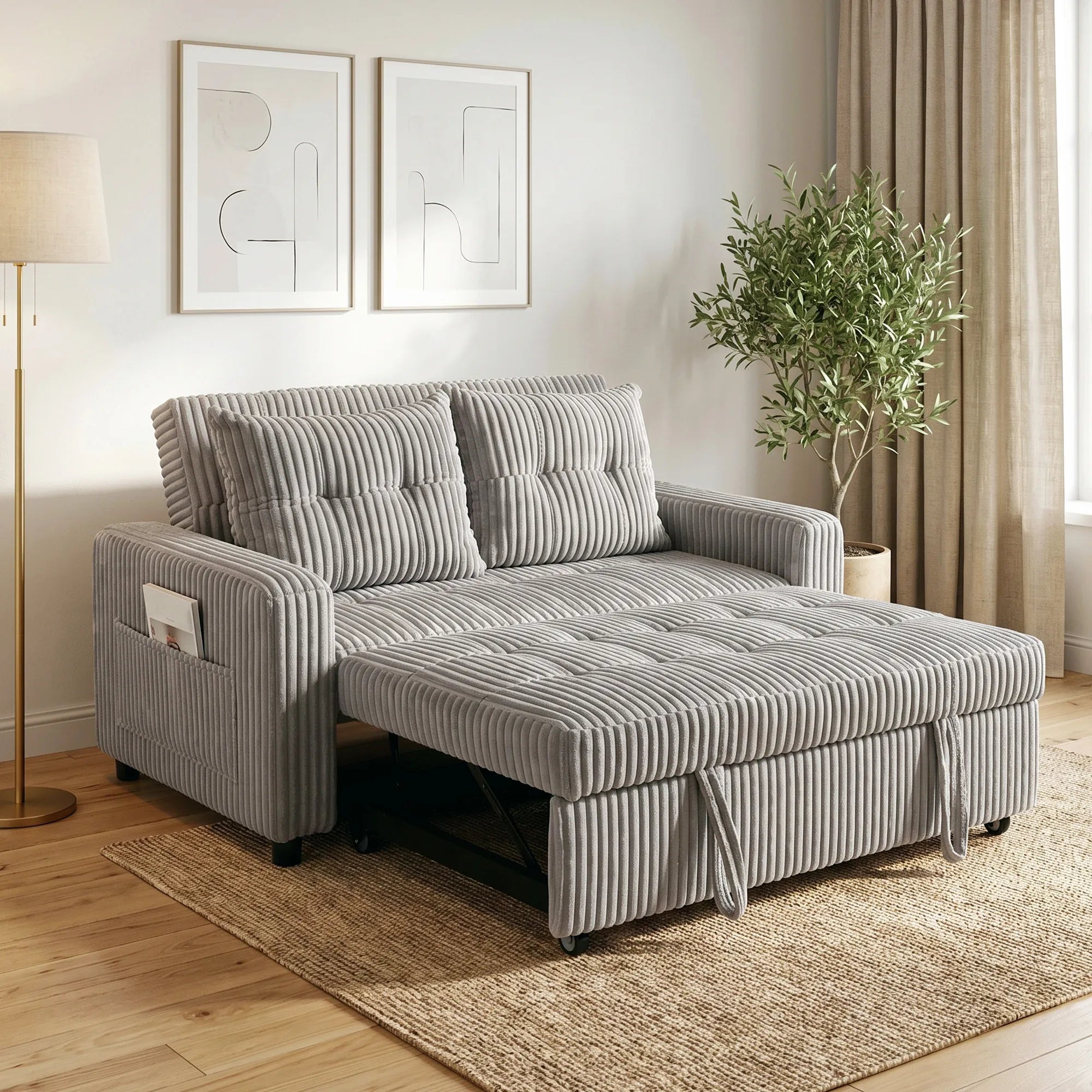 Svetainėje su paveikslais ir augalu stovi išskleista šviesiai pilka sofa-lova