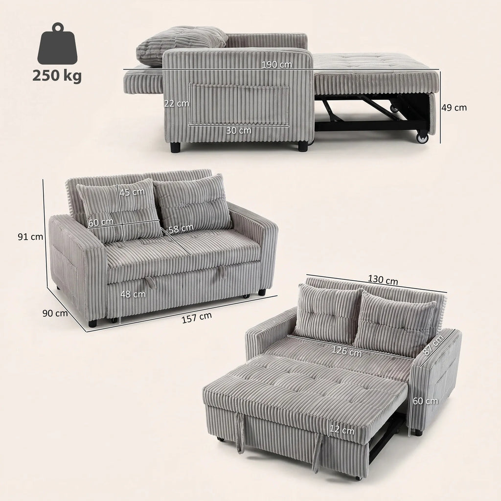 Matmenų schema centimetrais: 157x90x91 cm sofa, 190 cm miegvietė, apkrova 250 kg
