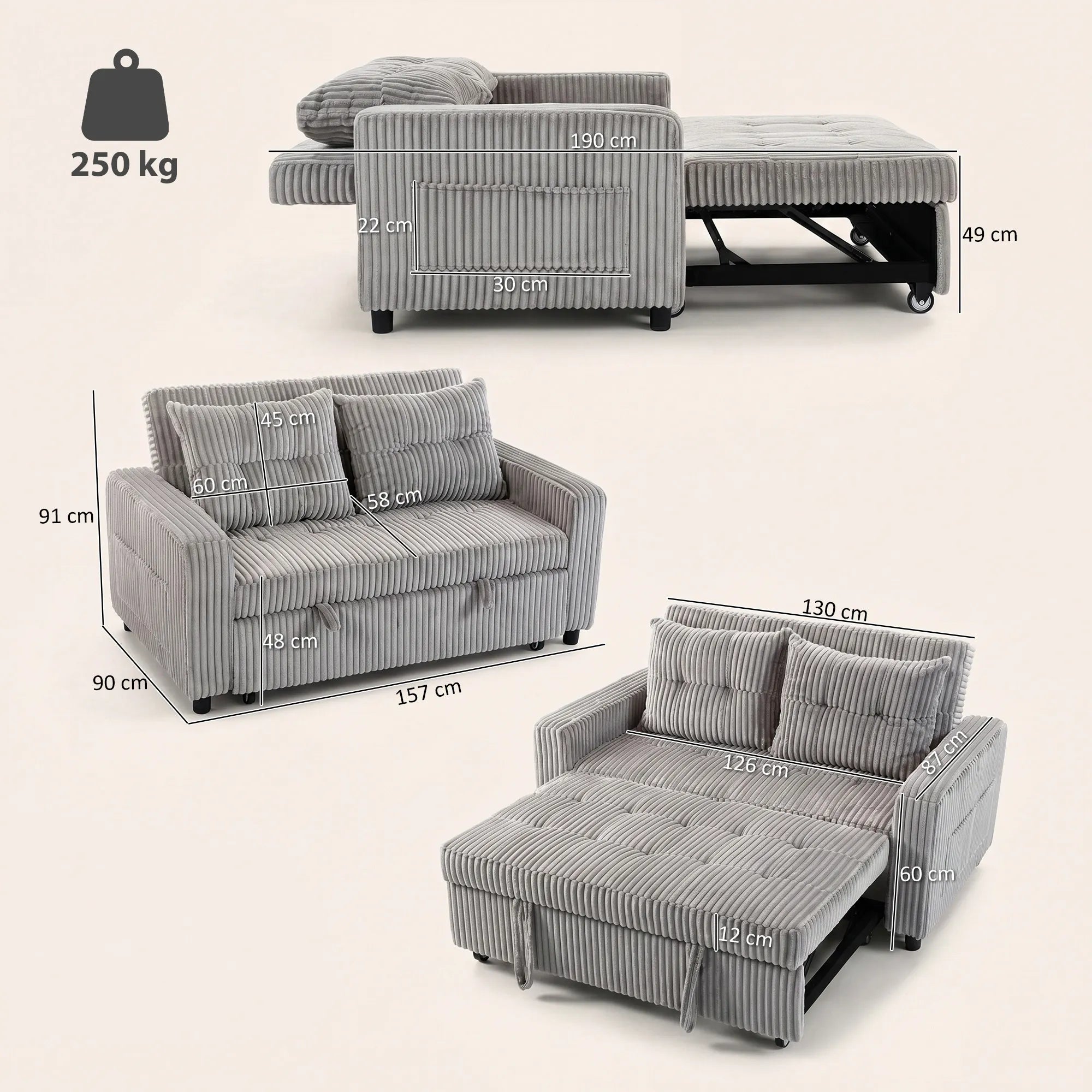 Matmenų schema centimetrais: 157x90x91 cm sofa, 190 cm miegvietė, apkrova 250 kg