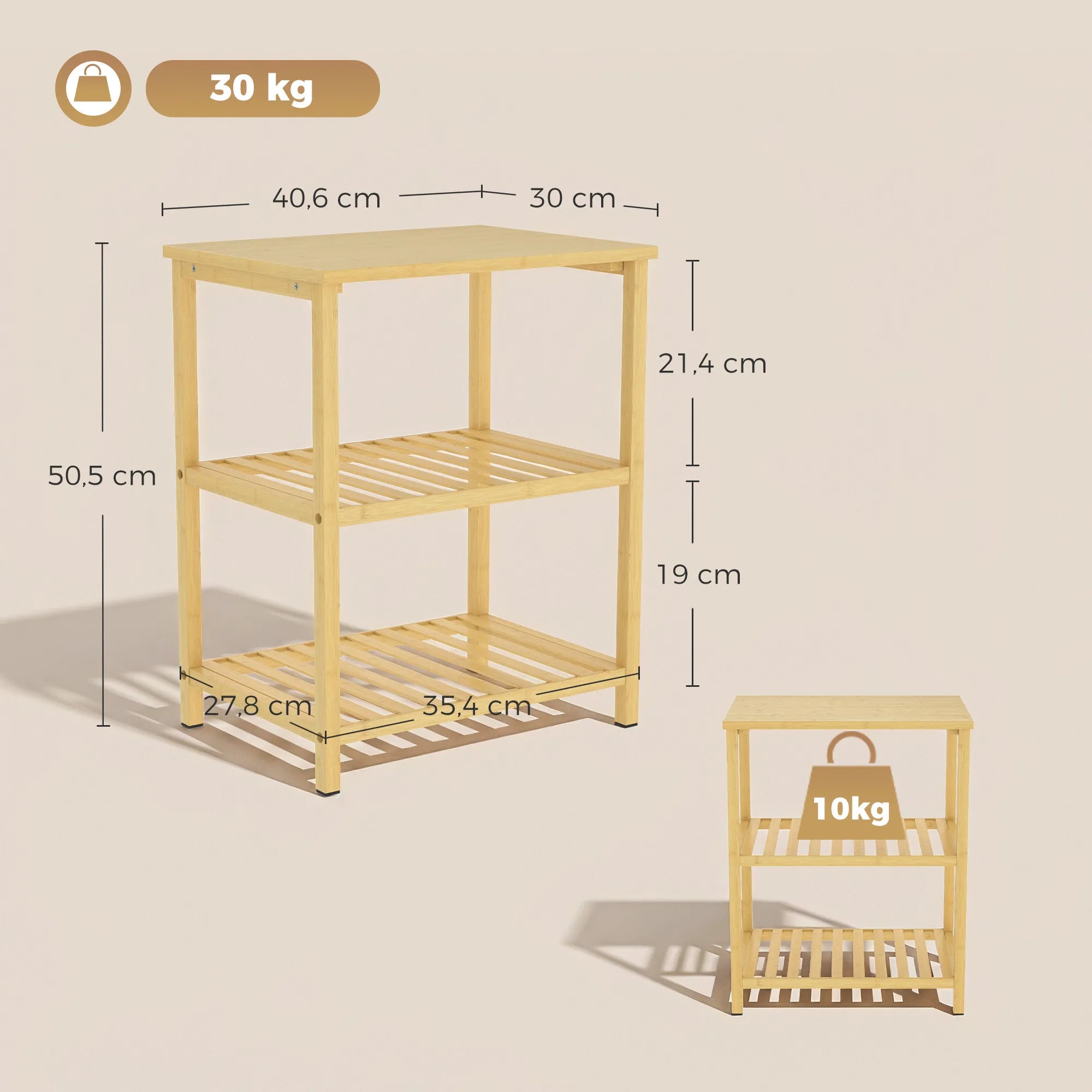 Šoninio staliuko matmenų schema: 40,6x30x50,5 cm, apkrova iki 30 kg
