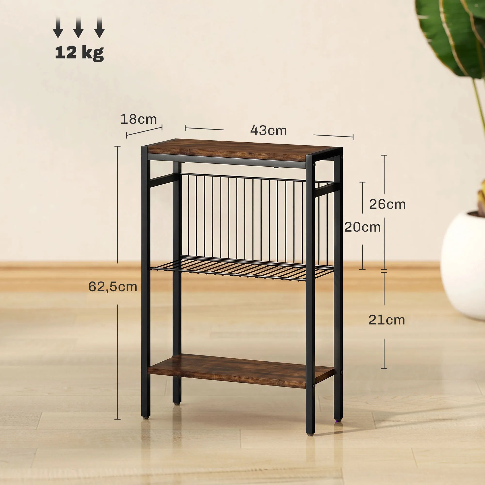 Staliuko matmenų schema centimetrais, nurodyta 12 kg apkrova