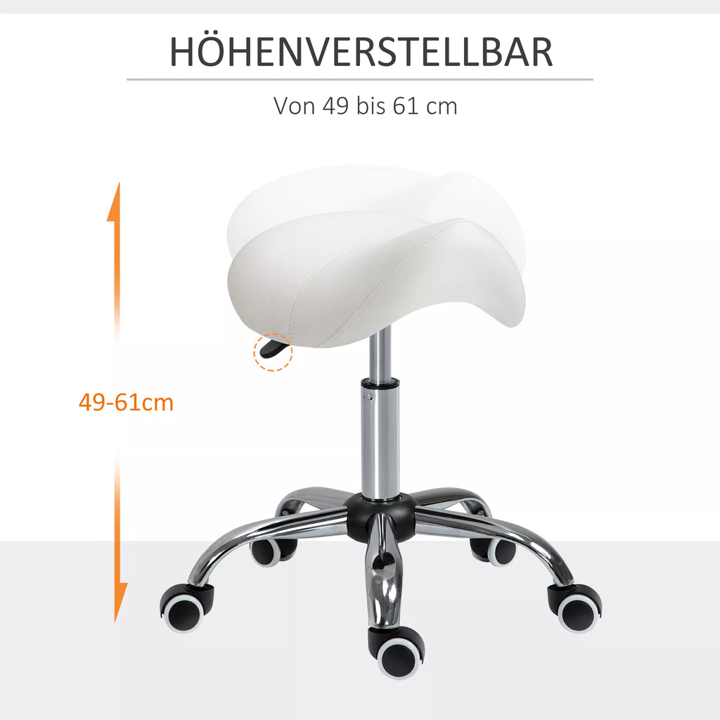 Kėdė balnas su ratukais, reguliuojamas aukštis 49–61 cm, balta