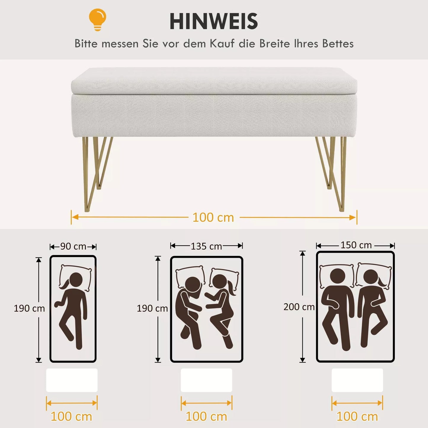 Lovos suoliukas su daiktadėže, stori paminkštinimai, kvėpuojantis audinys, plieninės kojelės, 100x40x49 cm, kreminės spalvos