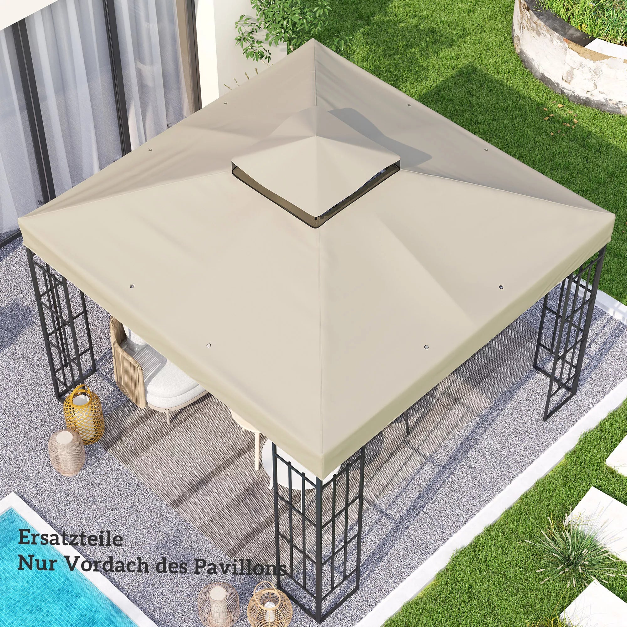 3 x 3 m atsarginis paviljono stogas, atsarginis paviljono tentas su vandens nutekėjimo angomis, UPF30+, apsauga nuo saulės, kreminė balta spalva