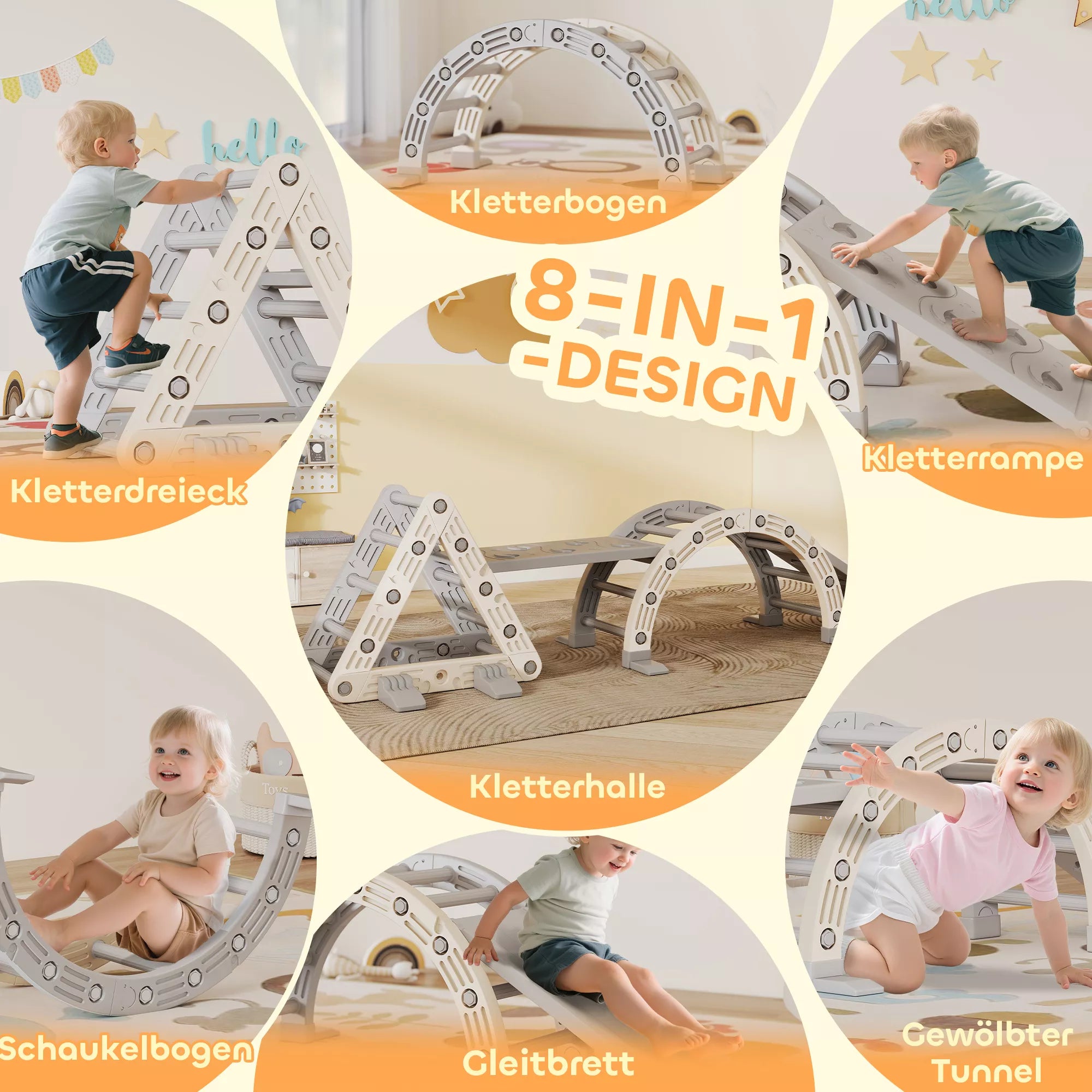 5 in 1 laipiojimo konstrukcija Montessori Indoor, laipiojimo trikampis su čiuožykla, laipiojimo lankas, dvipusis rampa, žaidimų aikštelė vaikams nuo 18 iki 48 mėnesių, pilka + balta