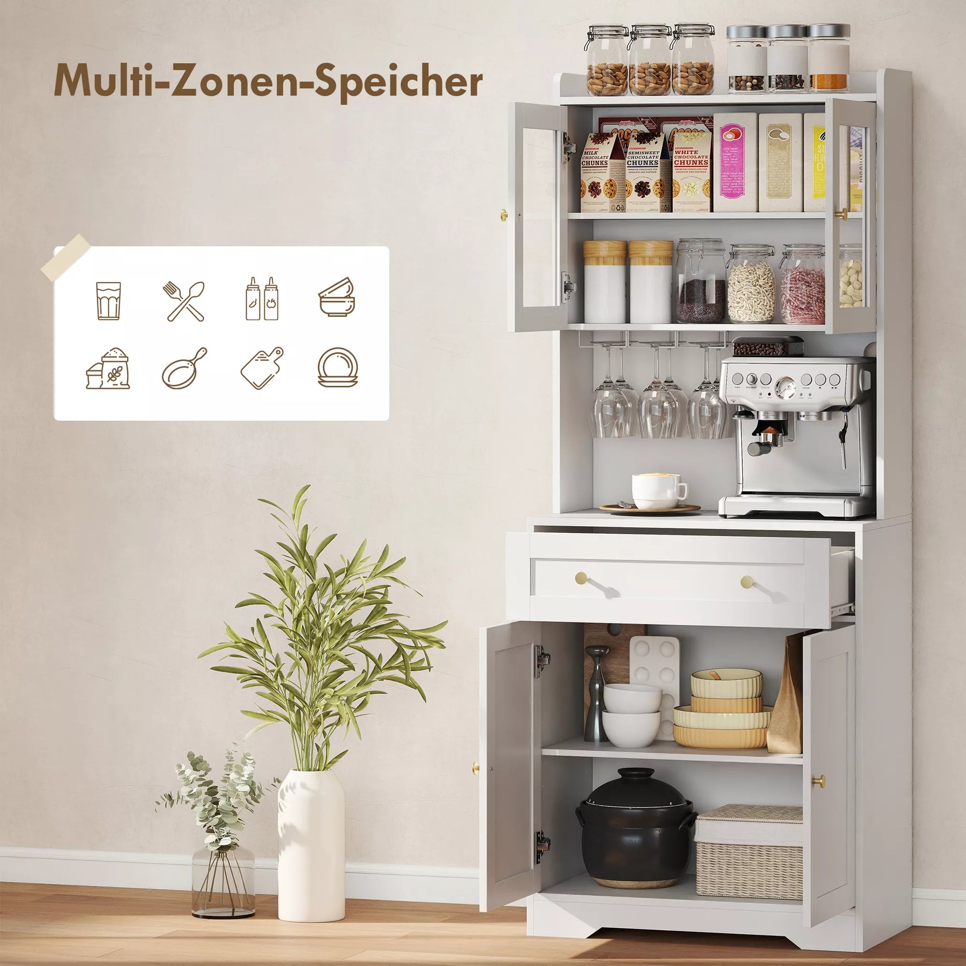 Virtuvės spintelė su darbo paviršiumi, vyno taurių laikiklis, sandėliavimo spintelė virtuvėje, valgomojo kambaryje, 170 cm, MDF, stiklas, balta