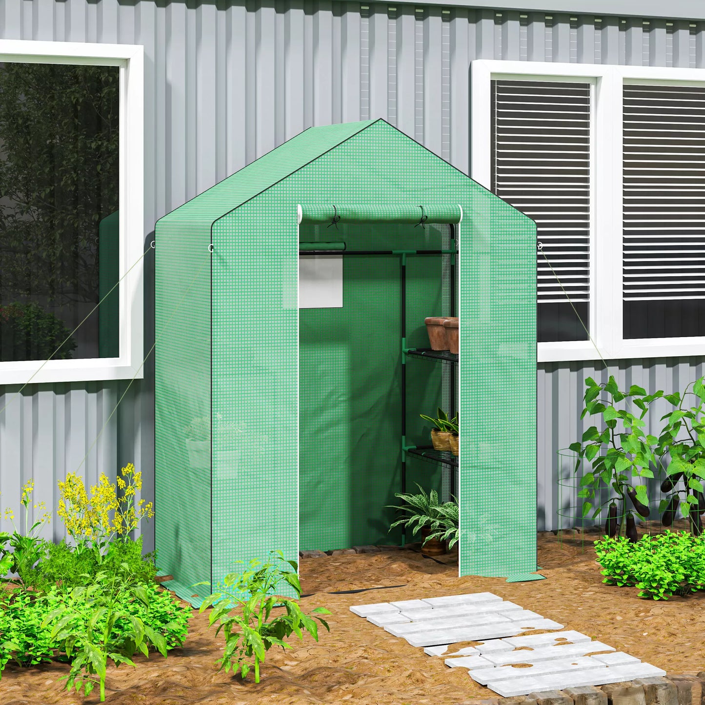 Šiltnamis su lentynomis, mini šiltnamis, atsparus UV spinduliams, tinkliniai langai, užtrauktukas, 143L x 74B x 190H cm, žalias