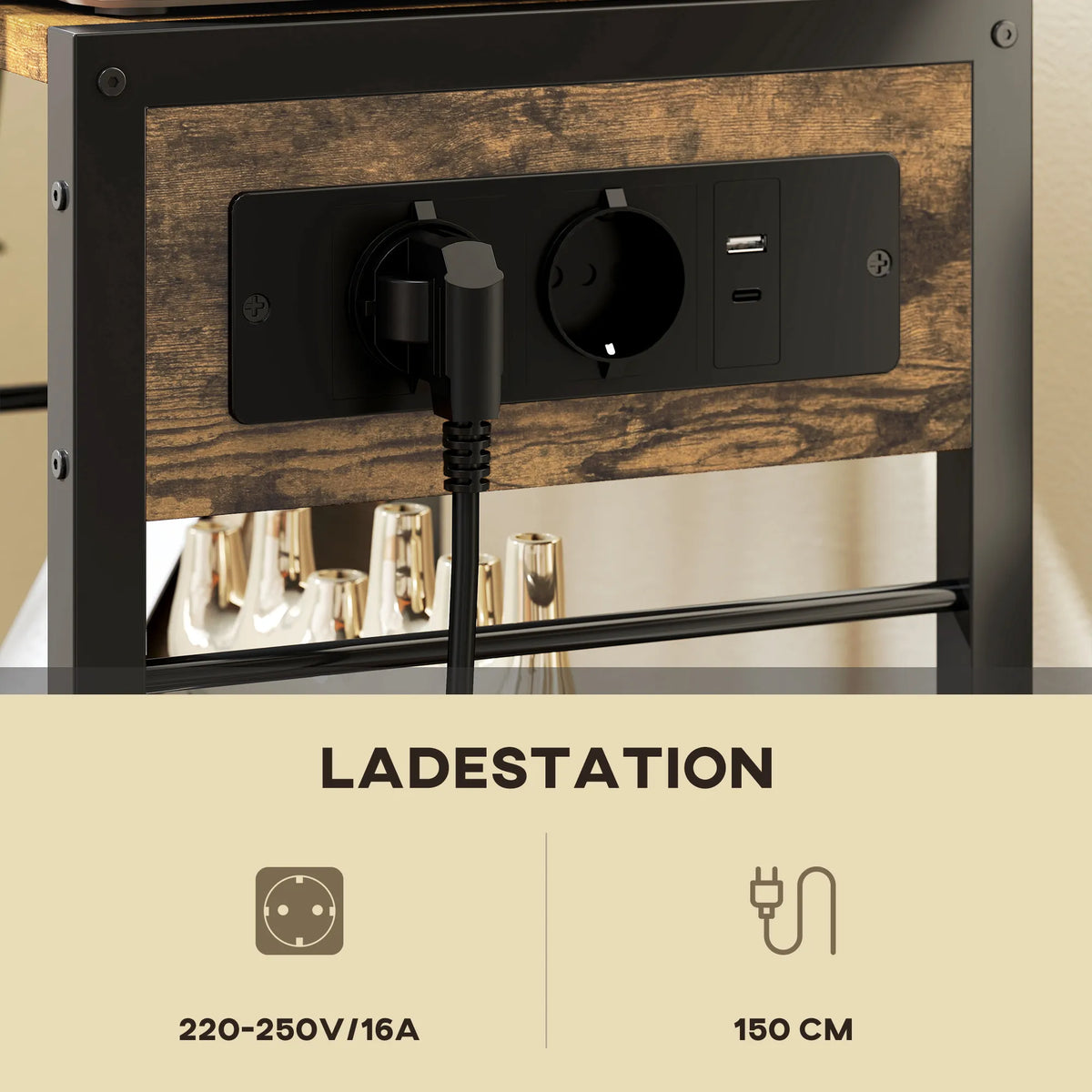 Spausdintuvo stovas su elektros lizdais ir USB, 42x28x64,5 cm, rustikalinės rudos spalvos