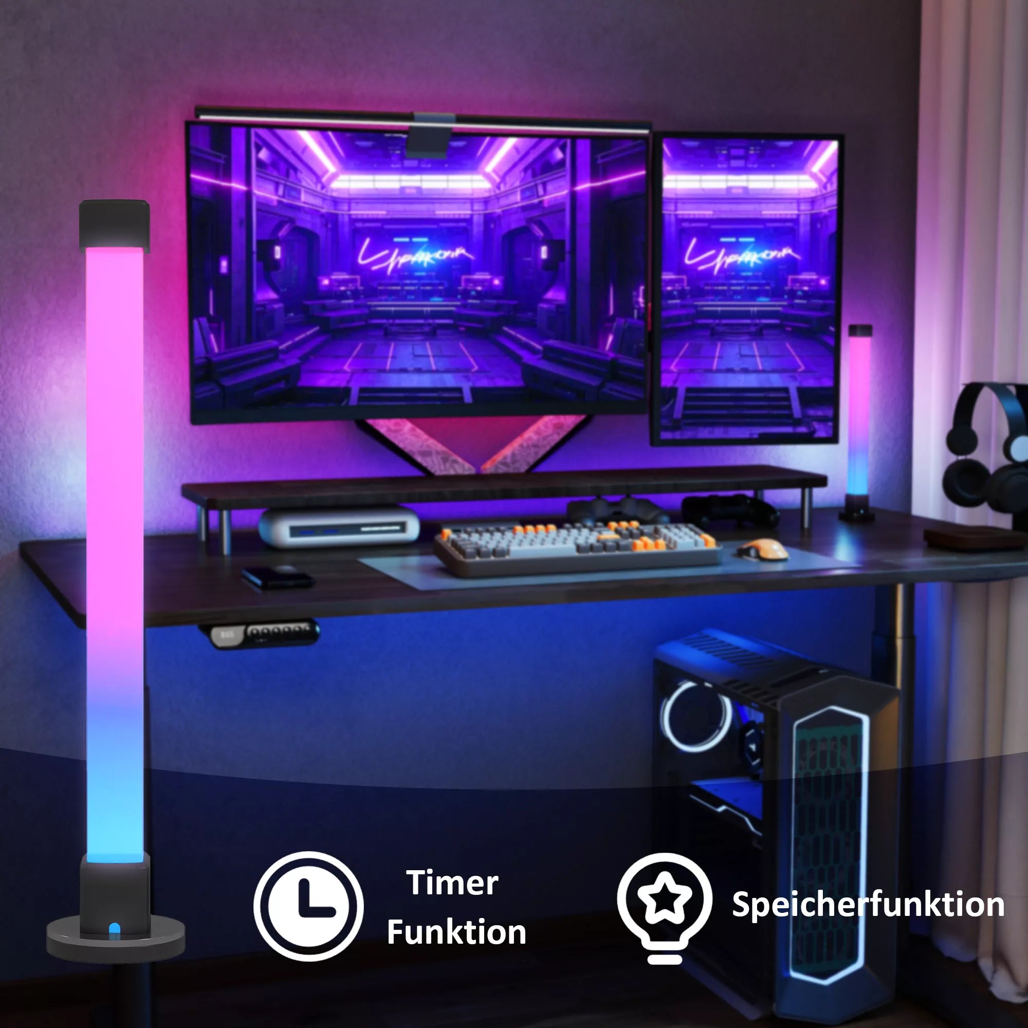 2 vnt. LED lempa, stalo lempa su programėle ir nuotolinio valdymo pultu, muzikos sinchronizavimas, spalvų režimai, laikmatis, balta