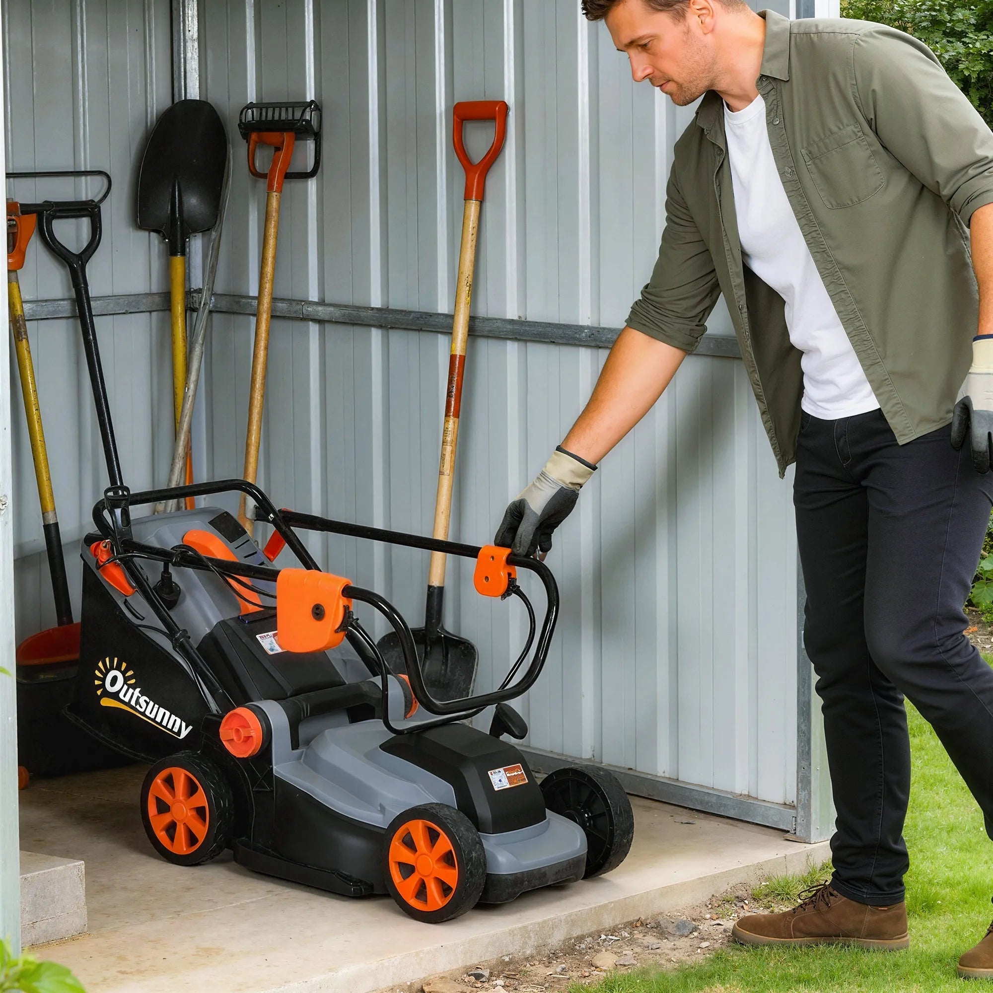 Elektrinė vejapjovė 1200 W, pjovimo plotis 34 cm, 35 l surinkimo krepšys, mulčiavimo funkcija, 6 pjovimo aukščiai, reguliuojami rankenų aukščiai