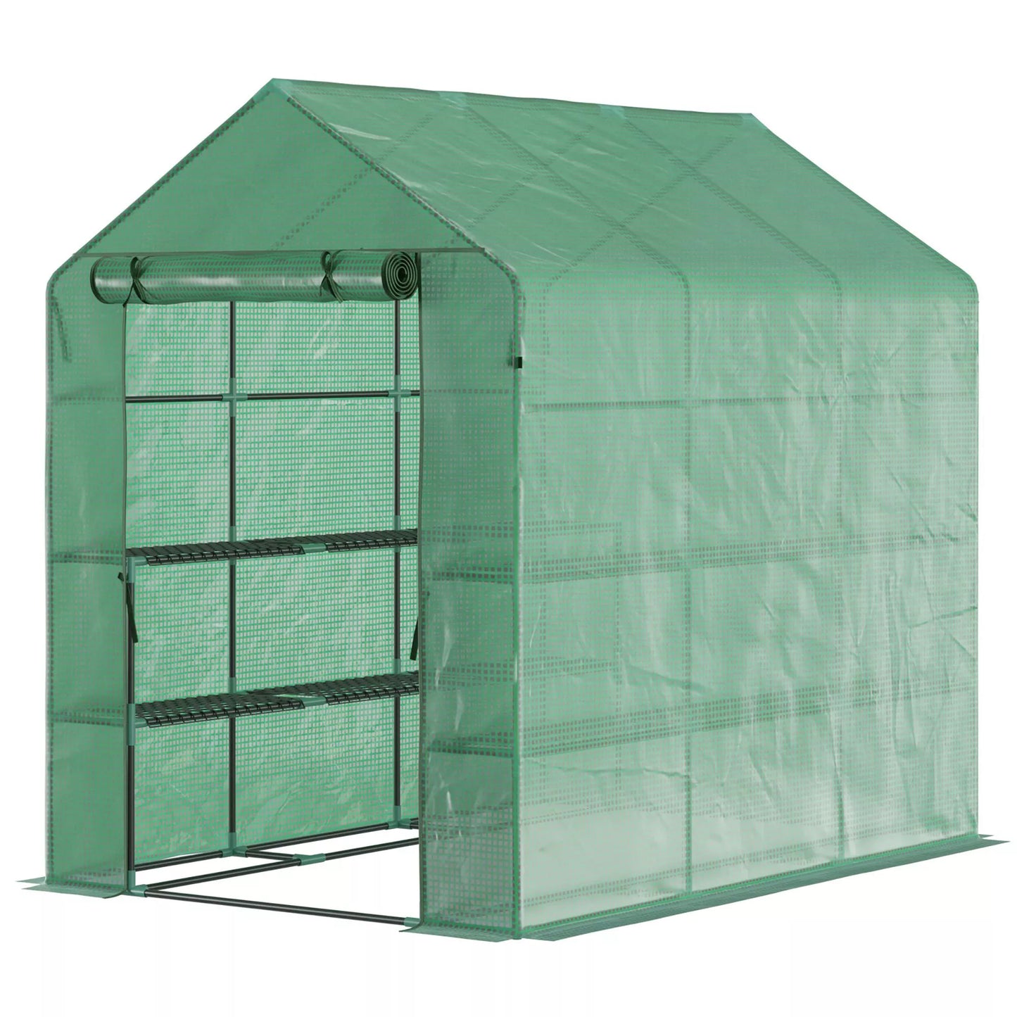 Outsunny Praeinamas šiltnamis su 8 lentynų eilėmis, Pomidorų šiltnamis, Sodo šiltnamis su durimis, Žalias, Plienas, PE plastikas, 214 x 143 x 195 cm