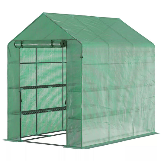 Outsunny Praeinamas šiltnamis su 8 lentynų eilėmis, Pomidorų šiltnamis, Sodo šiltnamis su durimis, Žalias, Plienas, PE plastikas, 214 x 143 x 195 cm