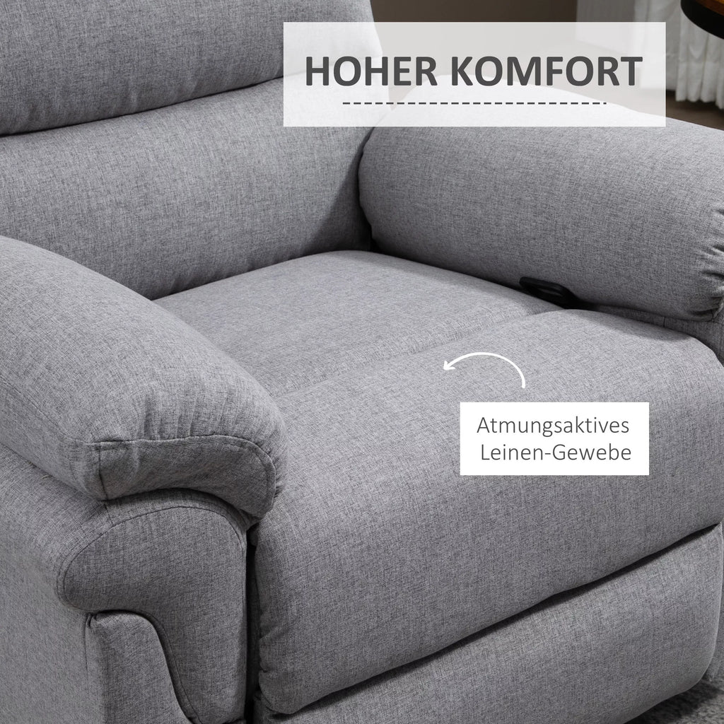 HOMCOM fotelis su atlošimo funkcija, vienvietė sofa, reguliuojamas, atsidaro 165°, poilsio fotelis, televizijos fotelis, skirtas svetainei, miegamajam, lininio audinio imitacija, šviesiai pilkos spalvos, 91 x 92 x 102 cm