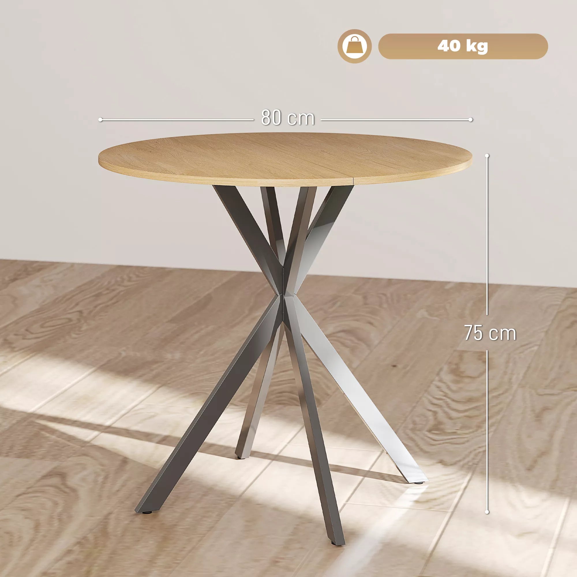 Apvalus virtuvės stalas, 80 cm, kompaktiškas stalviršis, medžio drožlių plokštė, metalas, balto ąžuolo+juoda