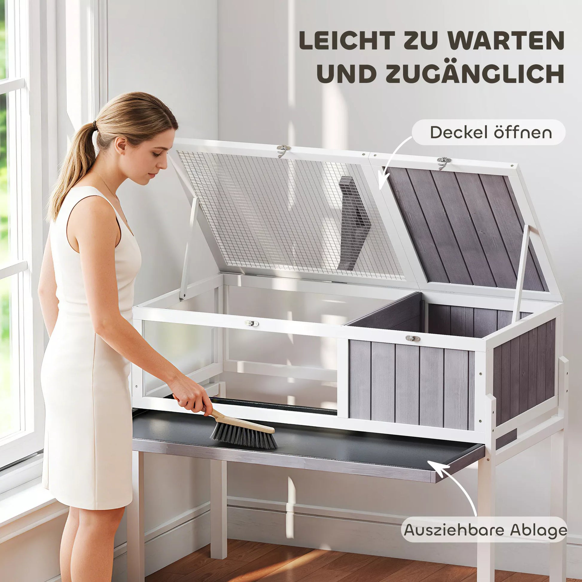 Medinis vėžlių namelis su apžvalgos langeliu, vėžlių aptvaras, medis ir organinis stiklas, 104 x 53 x 82 cm, balta ir pilka