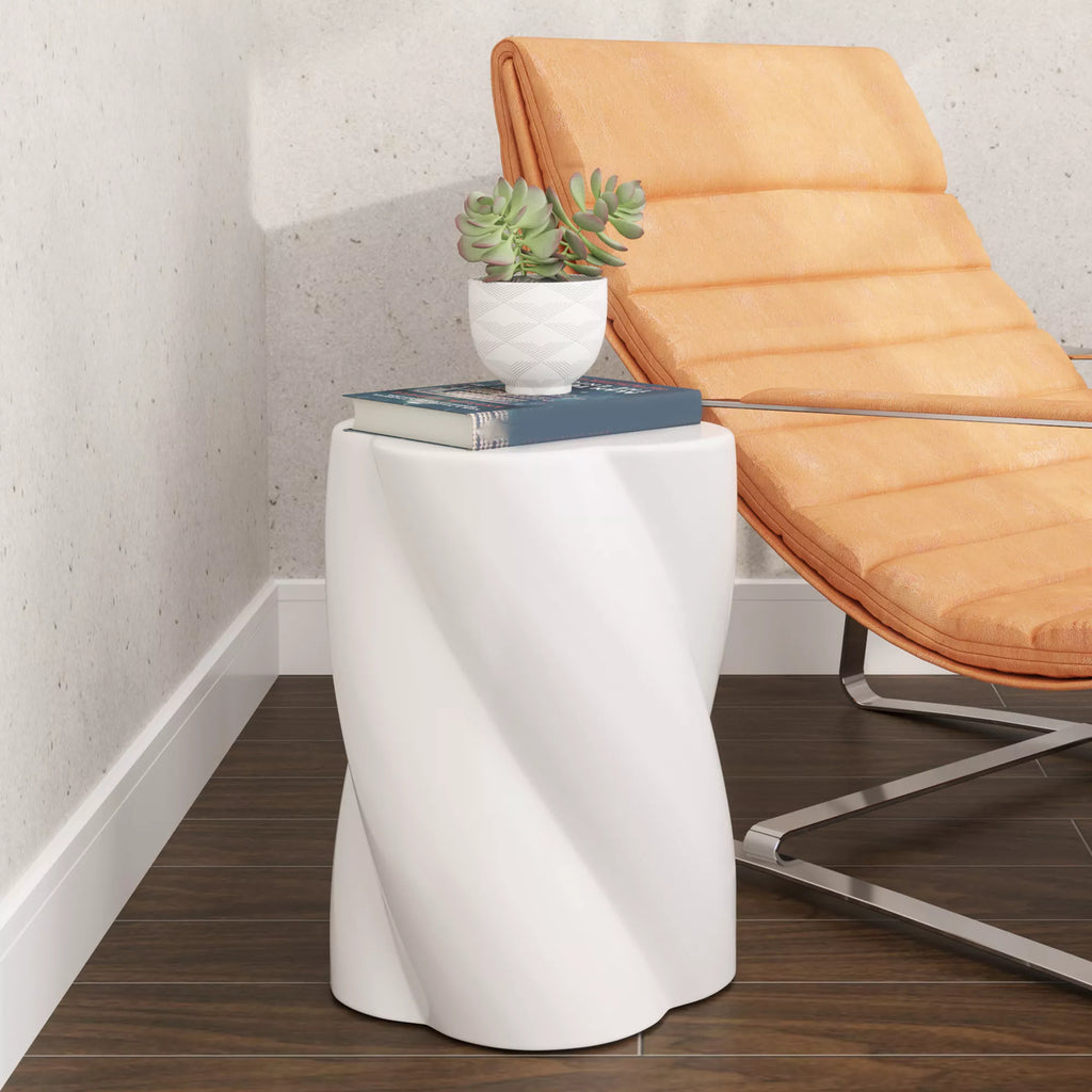 Keraminis sėdimoji kėdė spiralės formos, atlaiko 120 kg svorį, Ø33 x 45 cm, atspari atmosferos poveikiui, sodo kėdė su dangčiu, balta