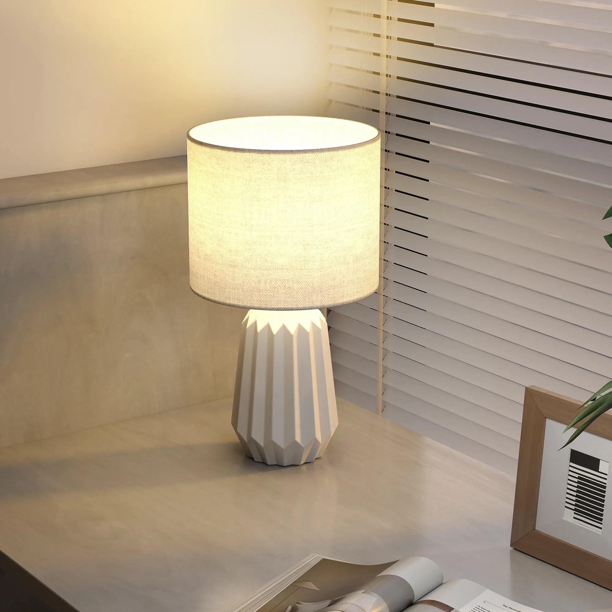 Stalinė lempa, stalo lempa, naktinė lempa su lino gaubtu, svirtinis jungiklis, rašomojo stalo lempa, 22 x 22 x 39 cm, balta