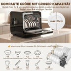 Infografika apie indaplovės talpą: telpa lėkštės, puodeliai ir stalo įrankiai keturiems