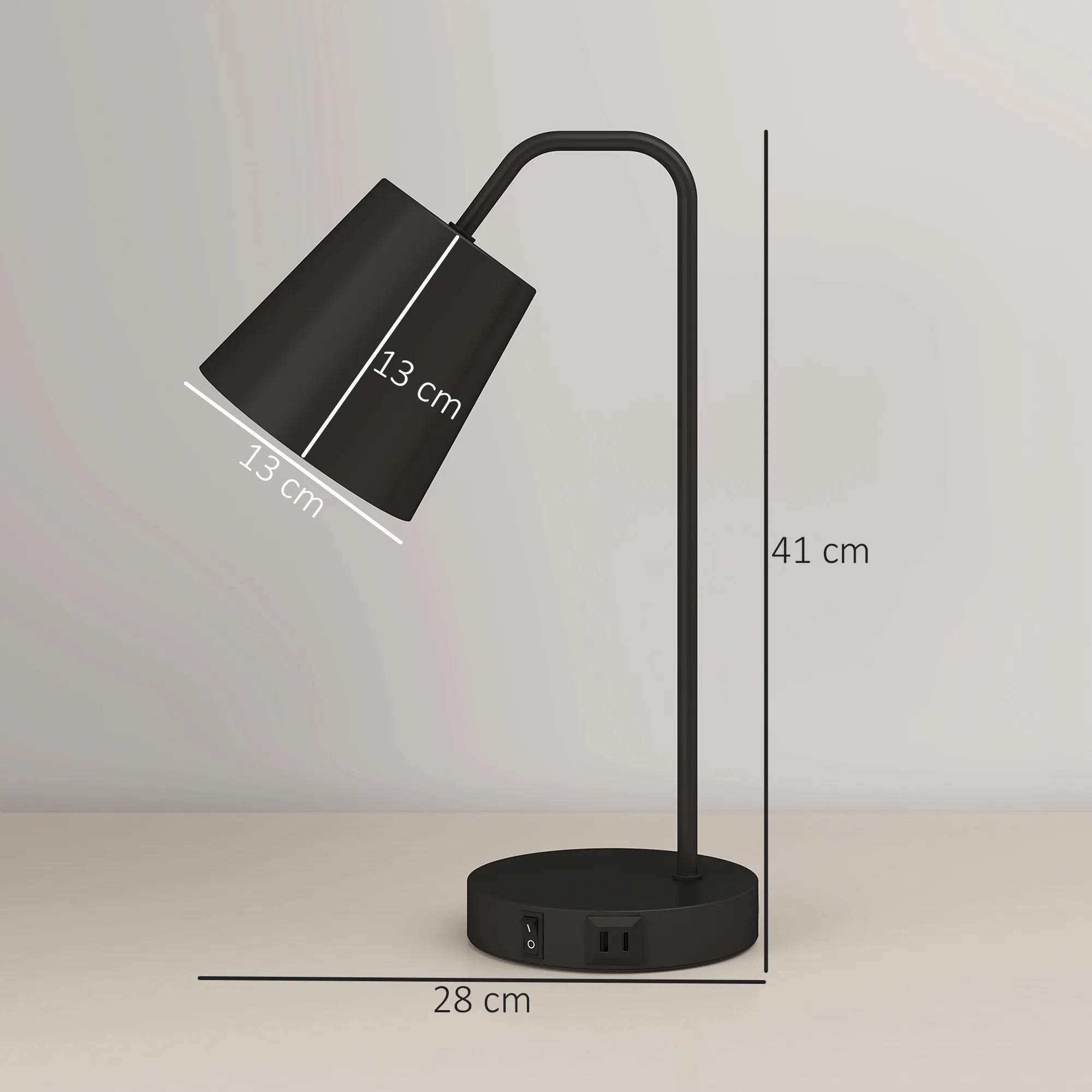 Matmenų schema centimetrais: 41 cm aukštis, 28 cm pagrindas, gaubtas 13x13 cm