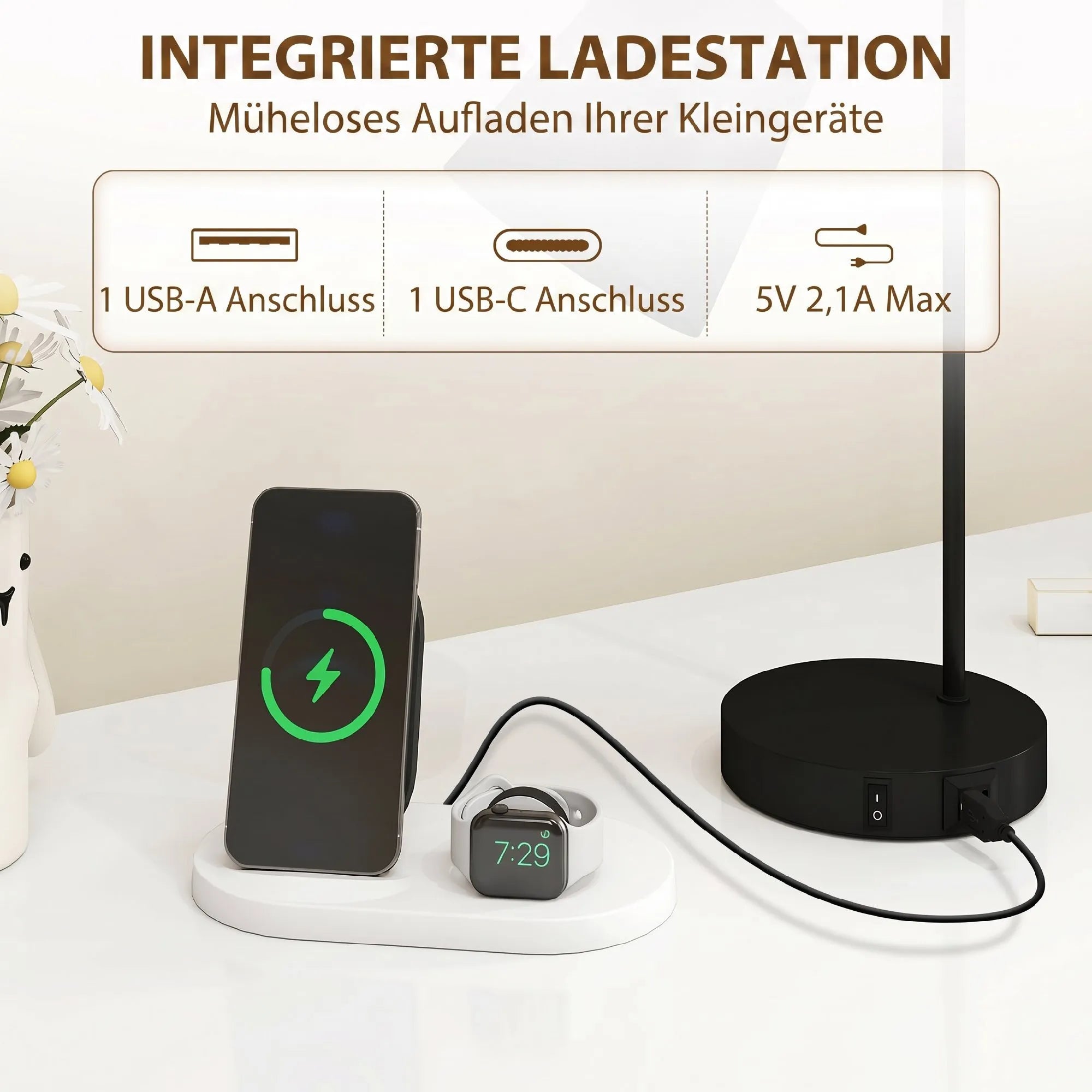 Įkrovimo jungtys pagrinde: viena USB-A, viena USB-C, 5 V ir iki 2,1 A