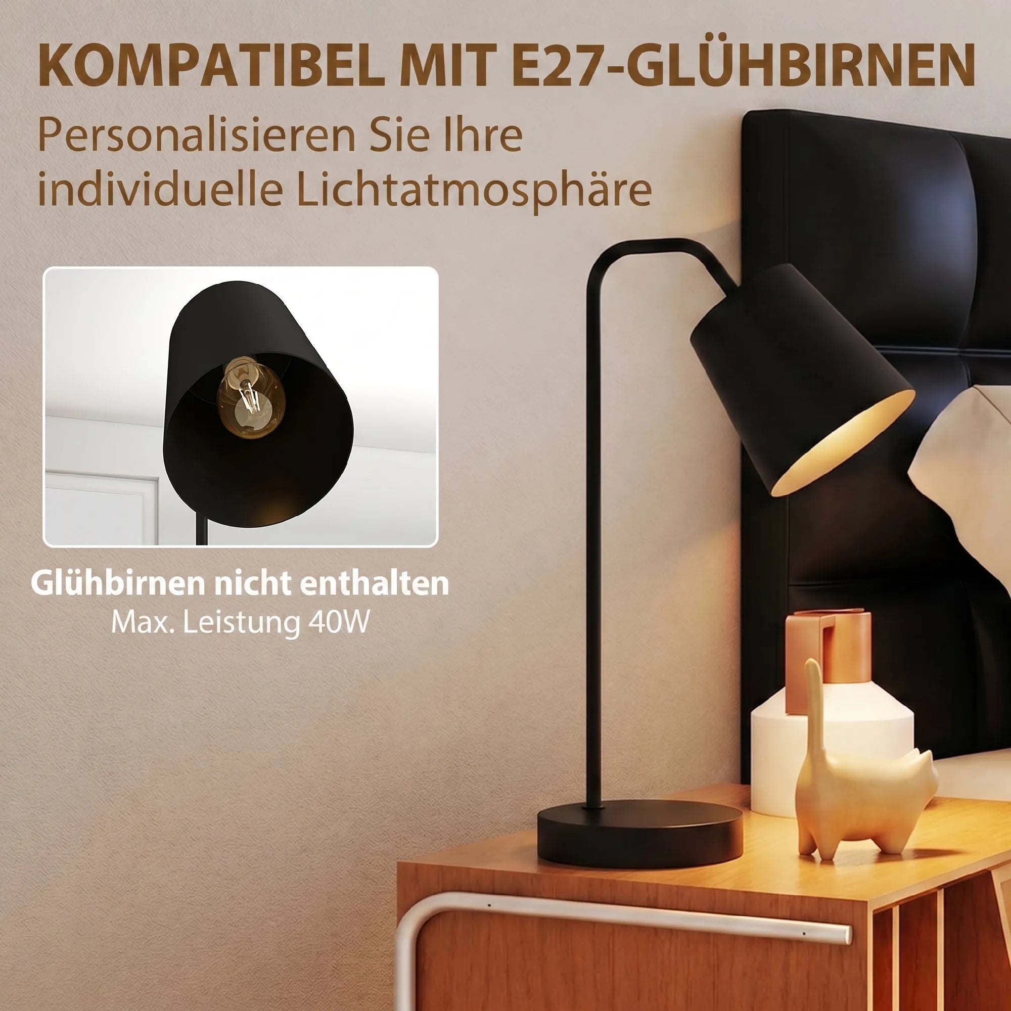 Tinka E27 lemputėms iki 40 W; skydelyje pažymėta, kad lemputė nepridedama