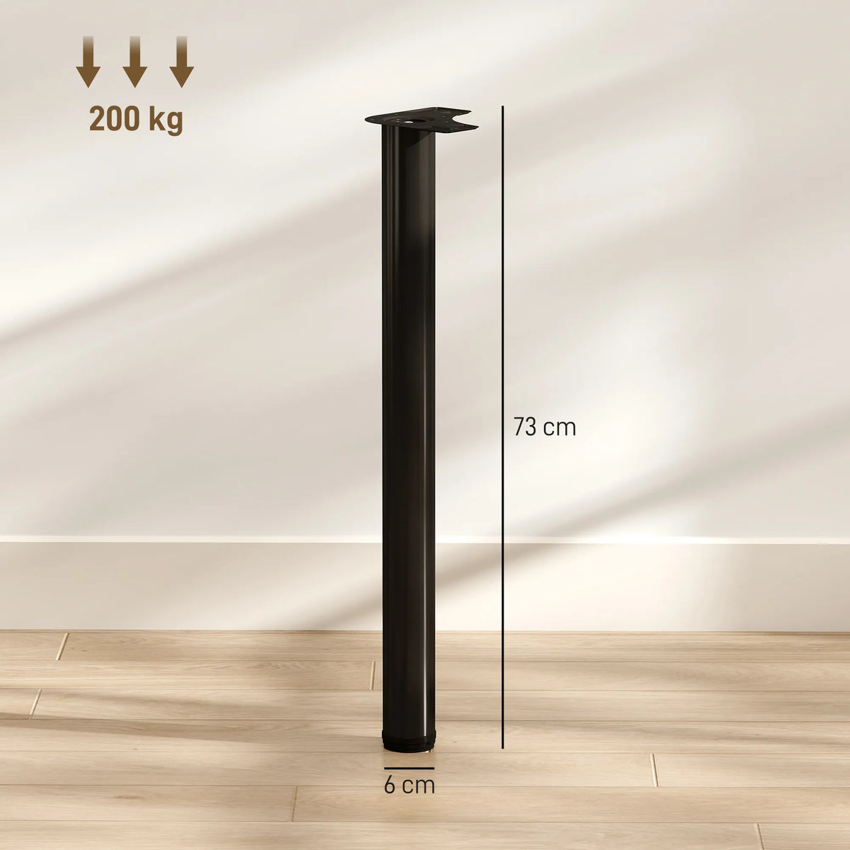 Stalo kojos matmenų schema: aukštis 73 cm, skersmuo 6 cm, apkrova 200 kg