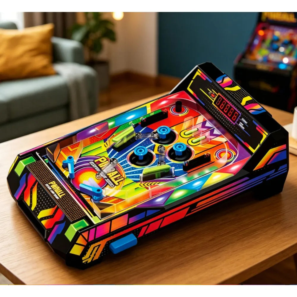 Stalo pinbolo žaidimas pastatytas ant medinio staliuko jaukioje svetainėje
