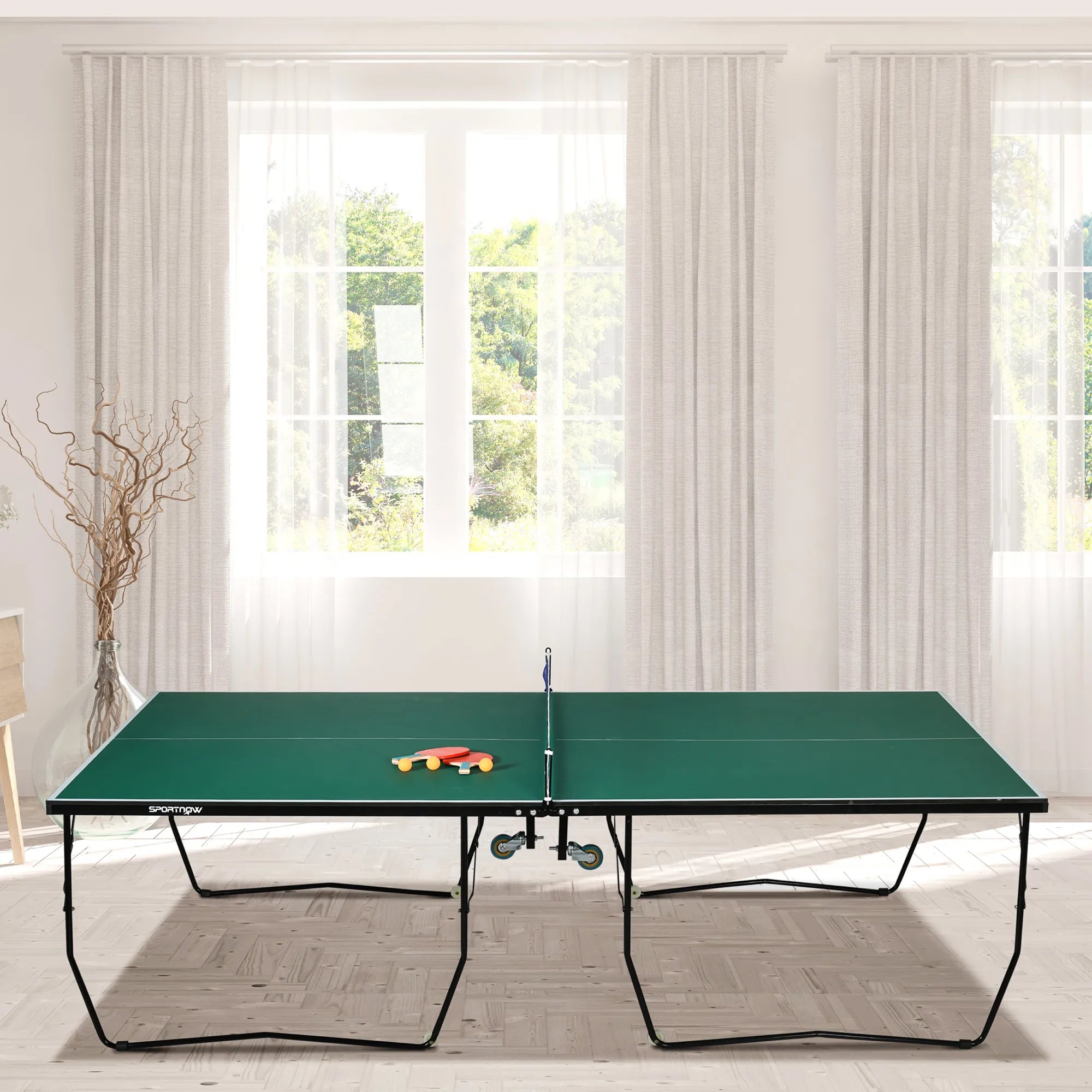 Stalo teniso stalas Stalo teniso rinkinys, sulankstomas, 8 ratukai, su raketėmis ir kamuoliukais, 274 cm x 152,5 cm x 76 cm, žalias