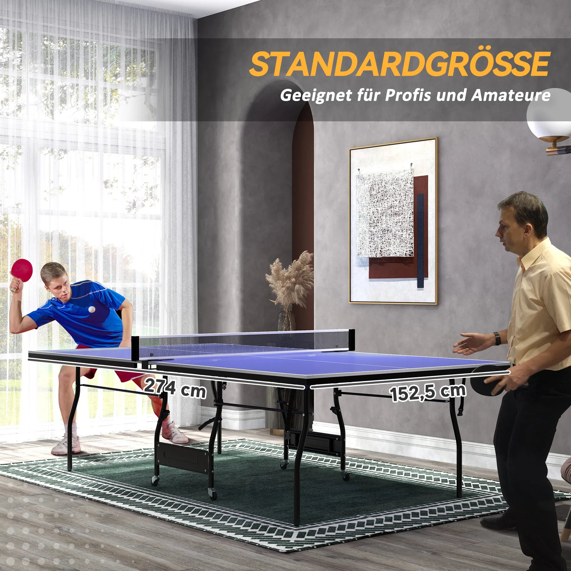 Stalo teniso stalas sulankstomas su tinklu ir raketėmis 274x153 cm mėlynas