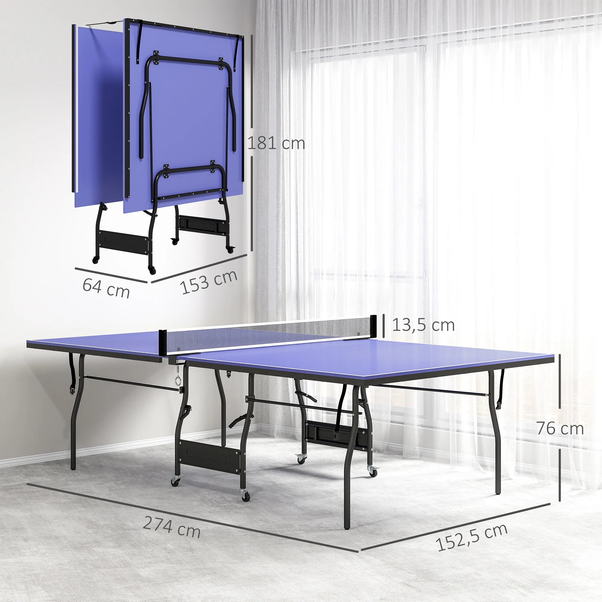 Stalo teniso stalas sulankstomas su tinklu ir raketėmis 274x153 cm mėlynas