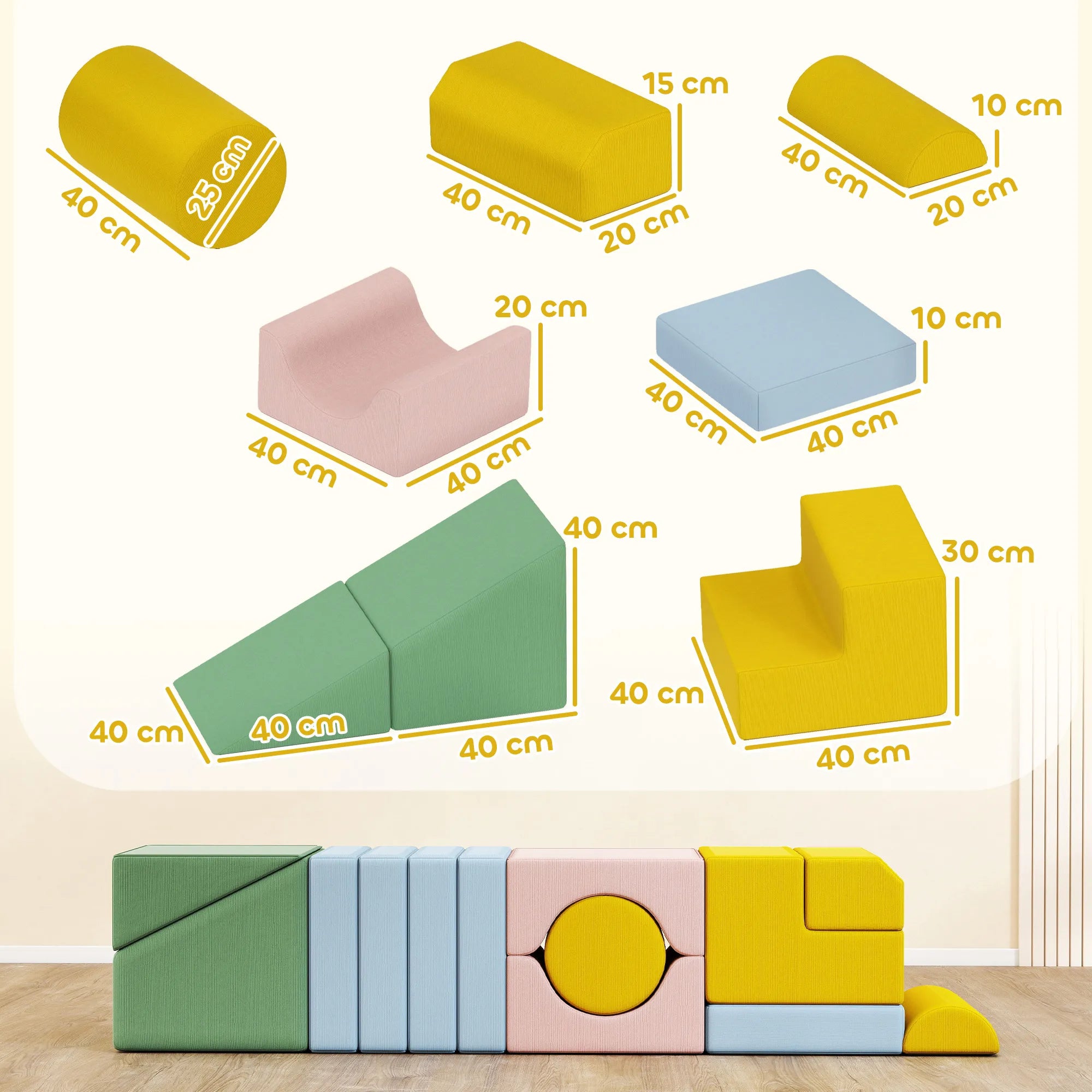 Statybiniai blokeliai 3D Foam, 12 vnt., vaikams nuo 3 metų, spalvoti