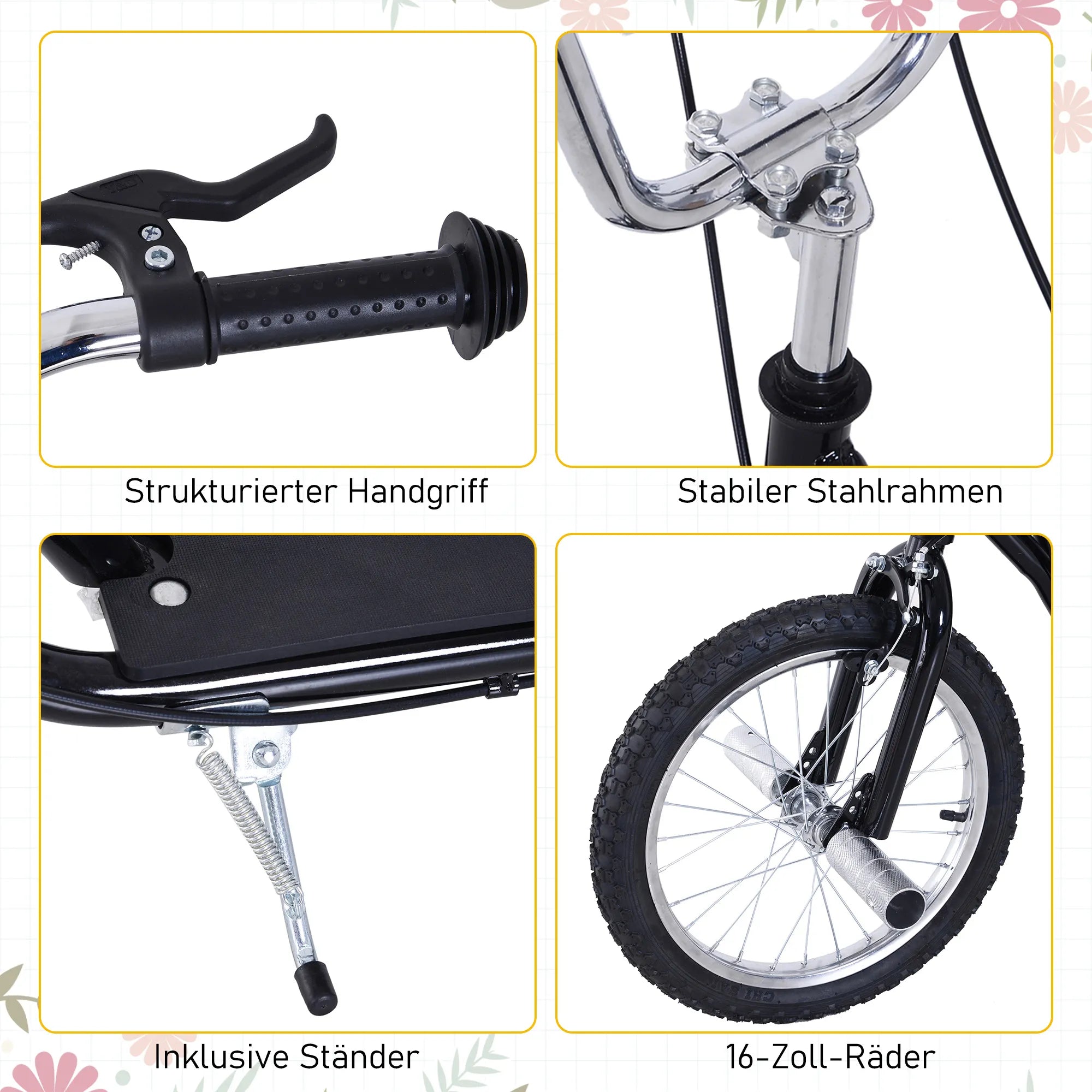 Vaikų paspirtukas su pneumatinėmis padangomis Kickscooter Scooter Paspirtukas Miesto paspirtukas vaikams Kickboard 16 colių nuo 5 metų Aukščio reguliavimas Juodas 143 x 58 x 92-100 cm