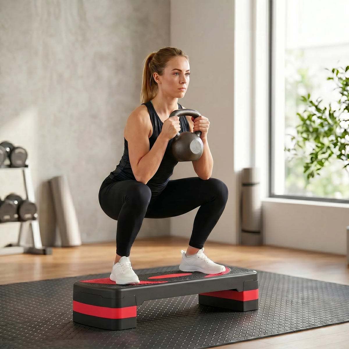 Step platforma reguluojamo aukščio, iki 150 kg, juoda su raudona