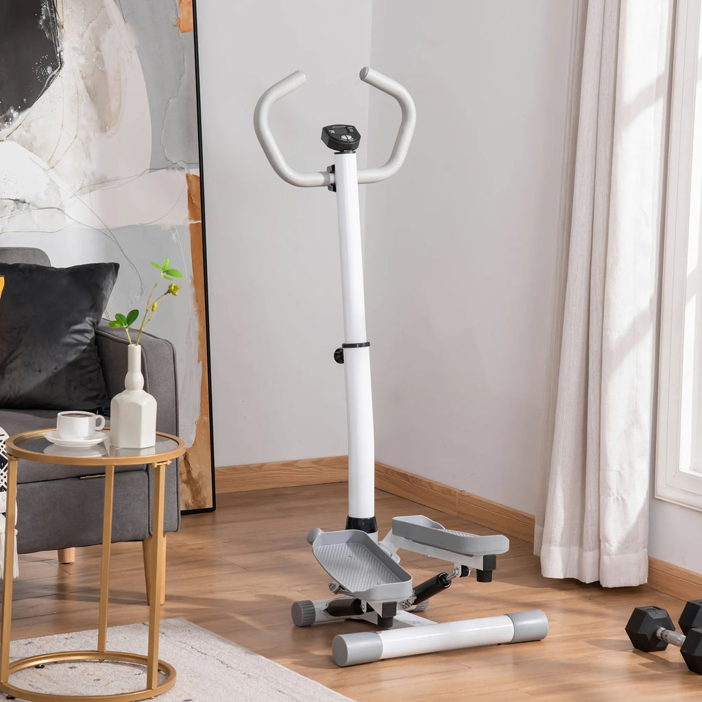 Steperis su LCD ekranu ir reguliuojama rankena, iki 100 kg, baltas/pilkas
