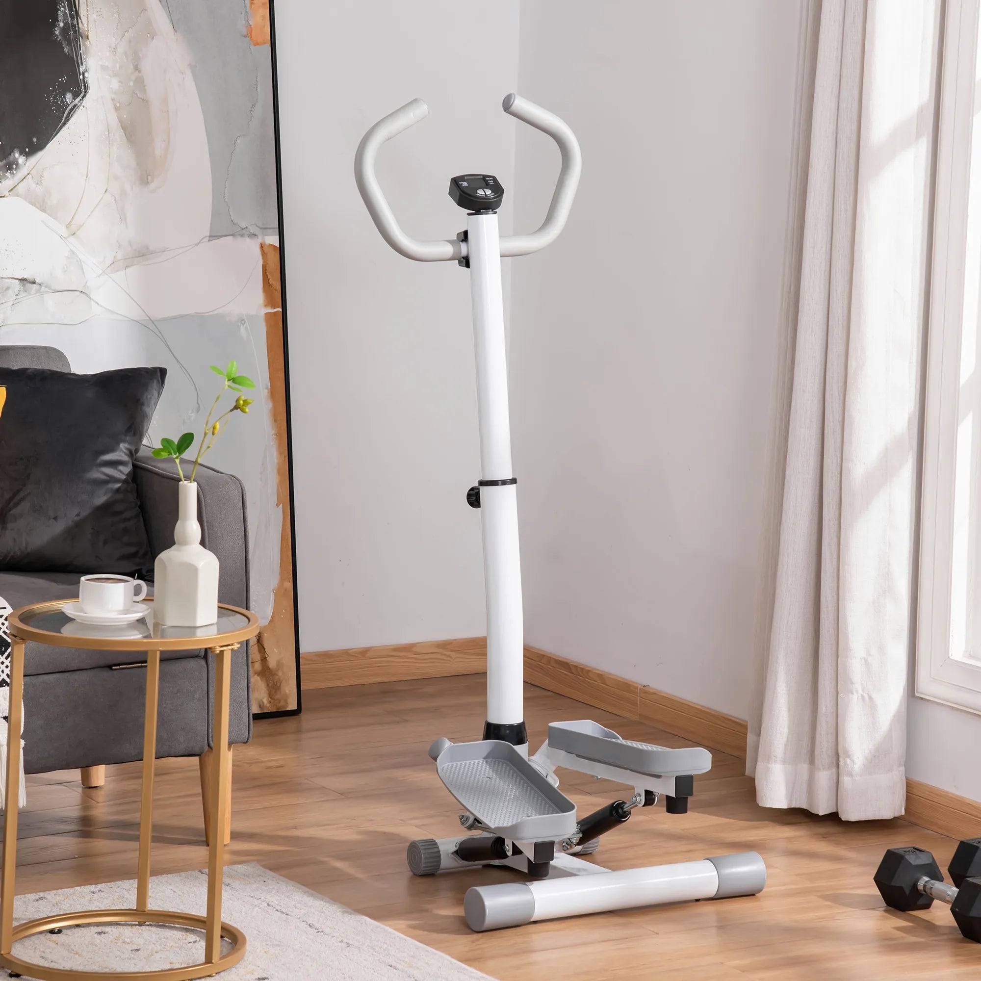 Steperis su LCD ekranu ir reguliuojama rankena, iki 100 kg, baltas/pilkas