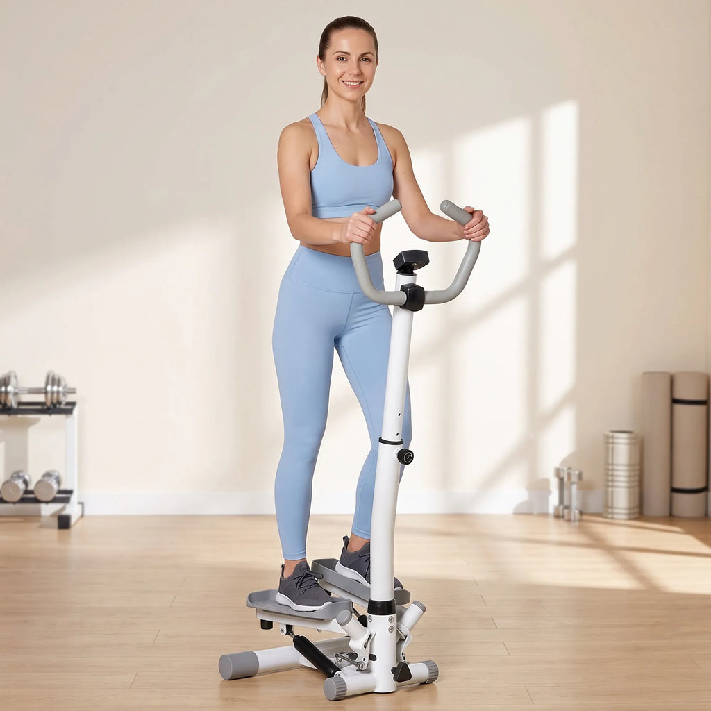 Steperis su LCD ekranu ir reguliuojama rankena, iki 100 kg, baltas/pilkas