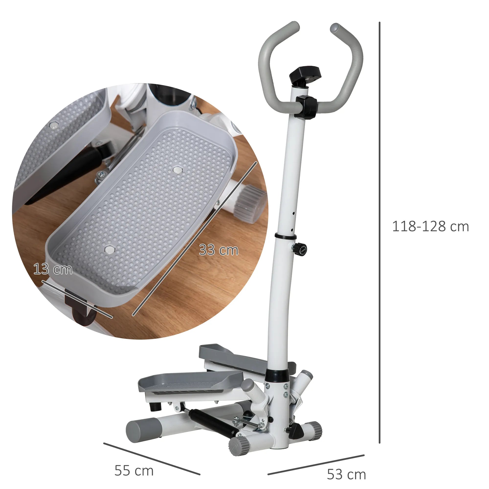 Steperis su LCD ekranu ir reguliuojama rankena, iki 100 kg, baltas/pilkas