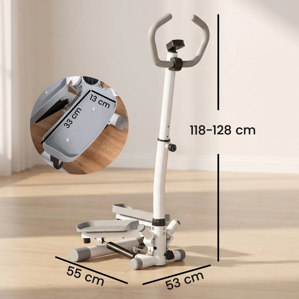Steperis su LCD ekranu ir reguliuojama rankena, iki 100 kg, baltas/pilkas