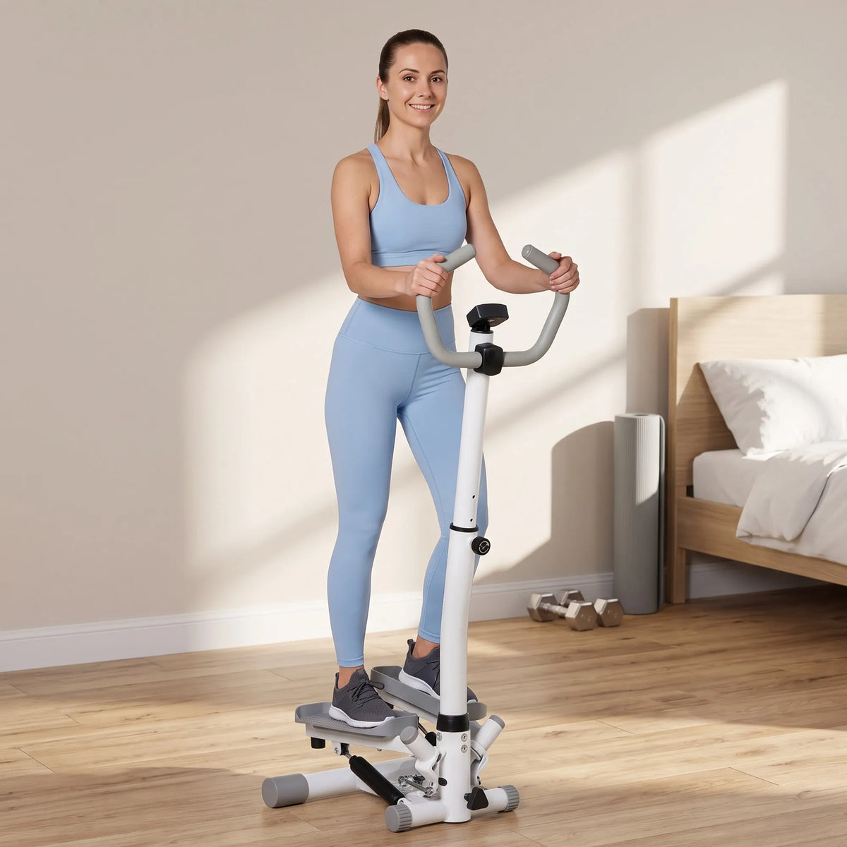 Steperis su LCD ekranu ir reguliuojama rankena, iki 100 kg, baltas/pilkas