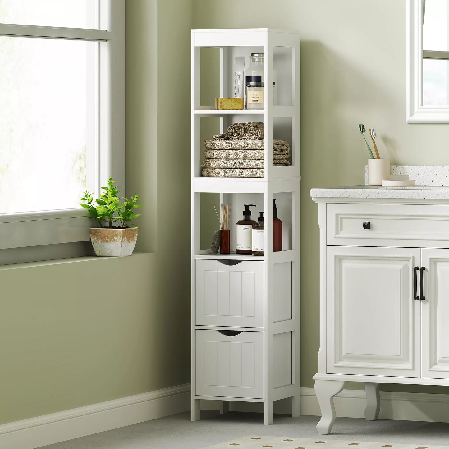 Vonios spintelė, kompaktiška vonios lentyna su 2 stalčiais ir 3 atviromis lentynėlėmis, laisvai pastatoma vonios lentyna, MDF, balta