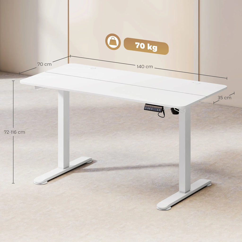 Stovimas stalas, aukščio reguliuojamas kompiuterio stalas, 140 cm x 70 cm x 116 cm, baltas